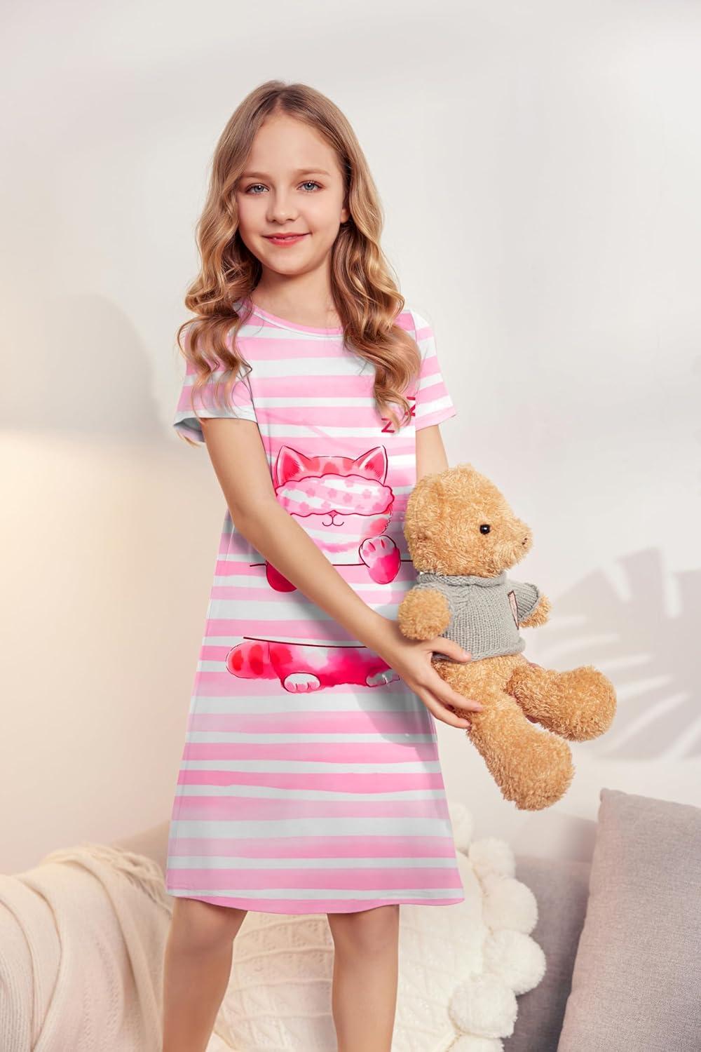 imageArshiner Girls Nightgowns Summer Soft Cute Cartoon Print Pajama Sleep Dress for Kids 412 YearsPink Cat
