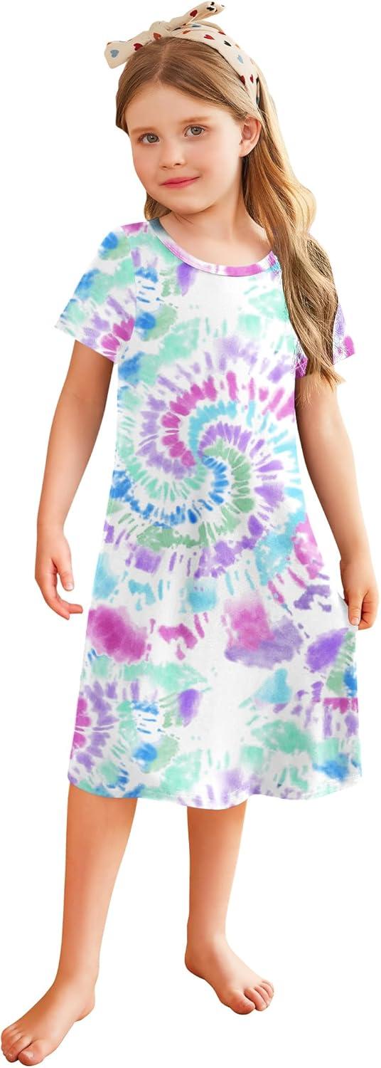 imageArshiner Girls Nightgowns Summer Soft Cute Cartoon Print Pajama Sleep Dress for Kids 412 YearsPink Purple Tie Dye
