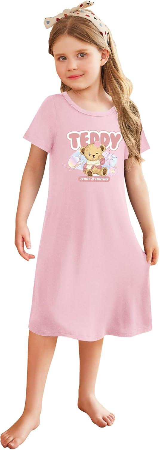 imageArshiner Girls Nightgowns Summer Soft Cute Cartoon Print Pajama Sleep Dress for Kids 412 YearsPink Teddy