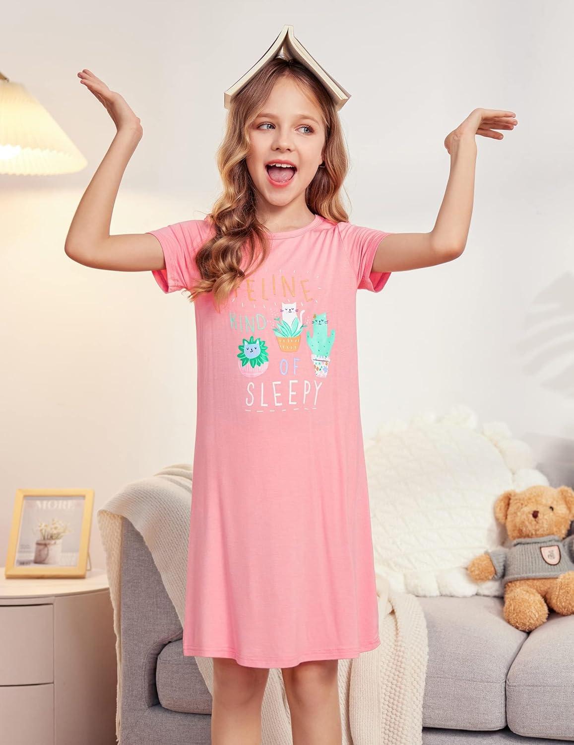 imageArshiner Girls Nightgowns Summer Soft Cute Cartoon Print Pajama Sleep Dress for Kids 412 YearsWatermelon RedPotted Cat