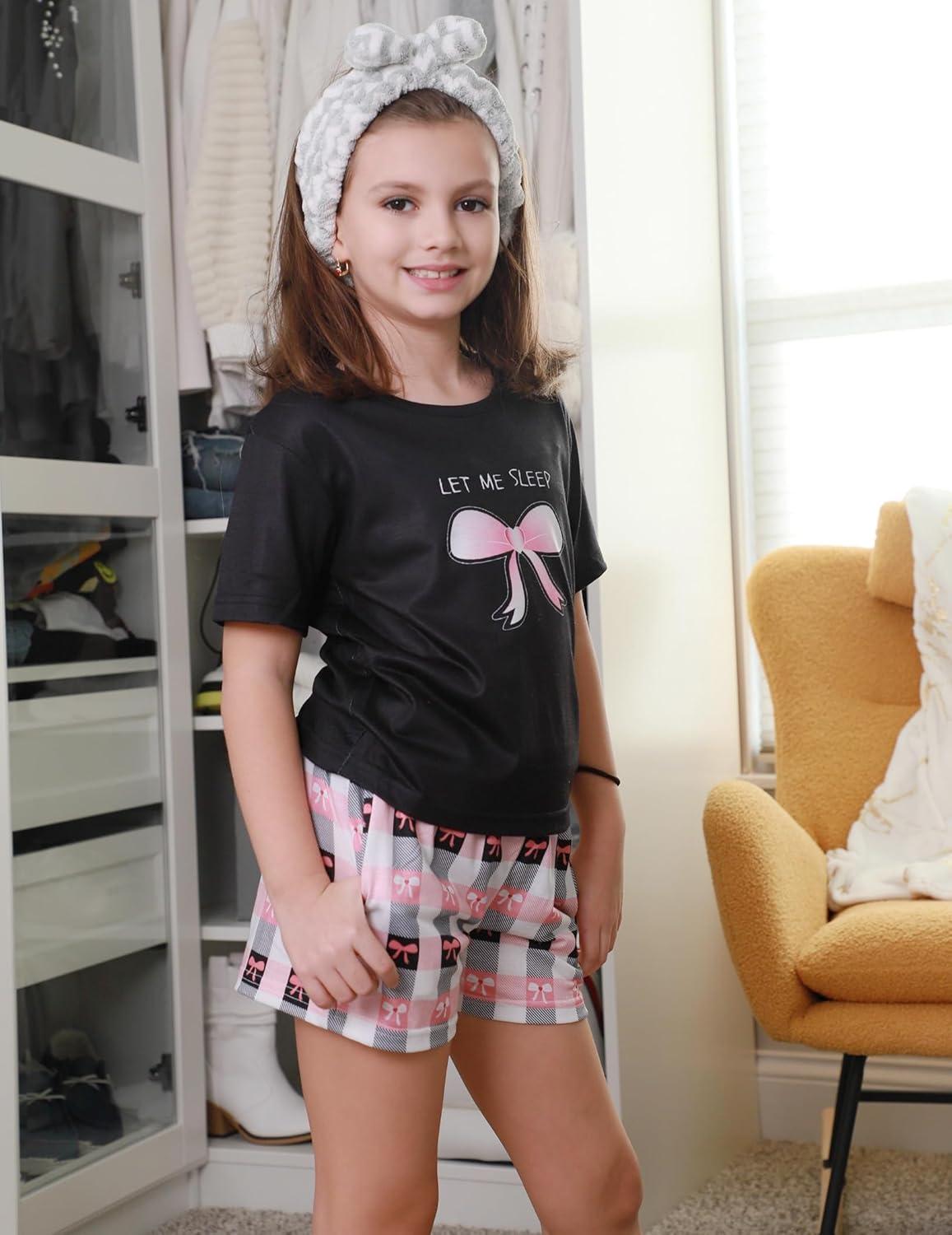 imageArshiner Girls Pajama Set 3 Piece Short Sleeve Sleepwear Summer Soft Cute Pjs OutfitsBow Plaid