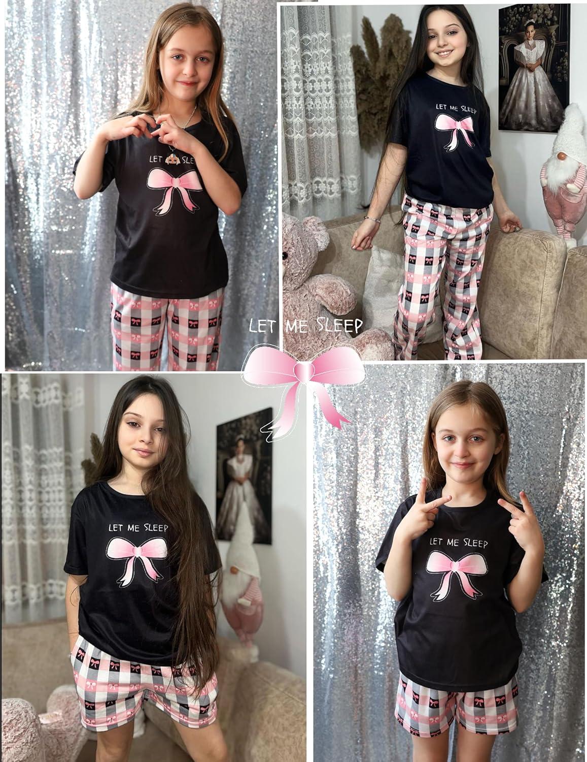 imageArshiner Girls Pajama Set 3 Piece Short Sleeve Sleepwear Summer Soft Cute Pjs OutfitsBow Plaid