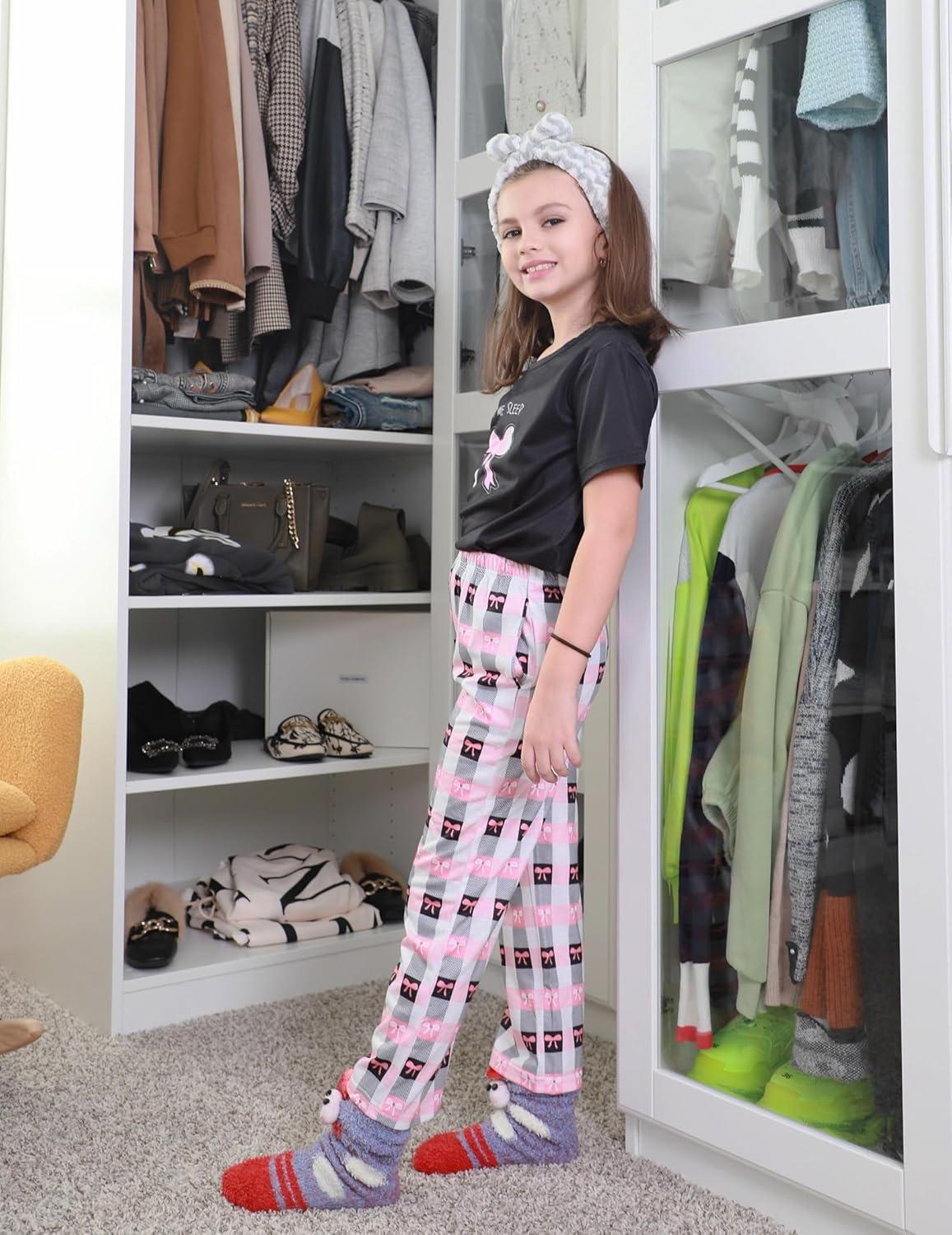imageArshiner Girls Pajama Set 3 Piece Short Sleeve Sleepwear Summer Soft Cute Pjs OutfitsBow Plaid