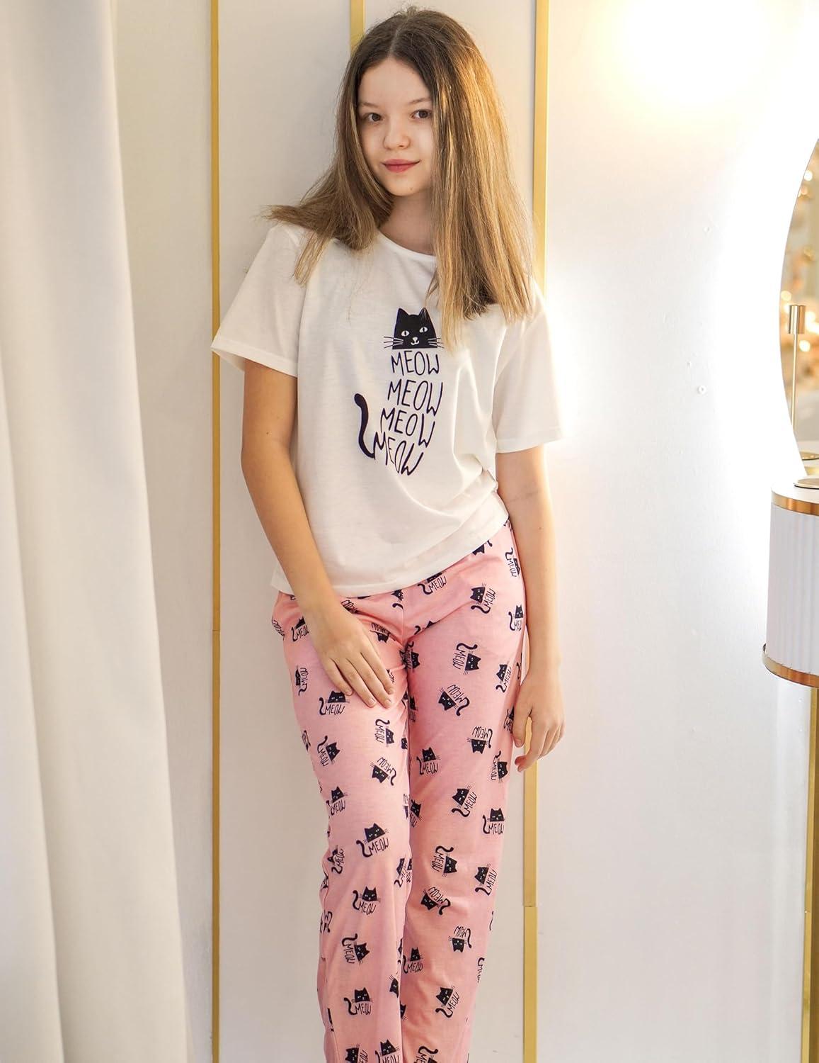 imageArshiner Girls Pajama Set 3 Piece Short Sleeve Sleepwear Summer Soft Cute Pjs OutfitsCat