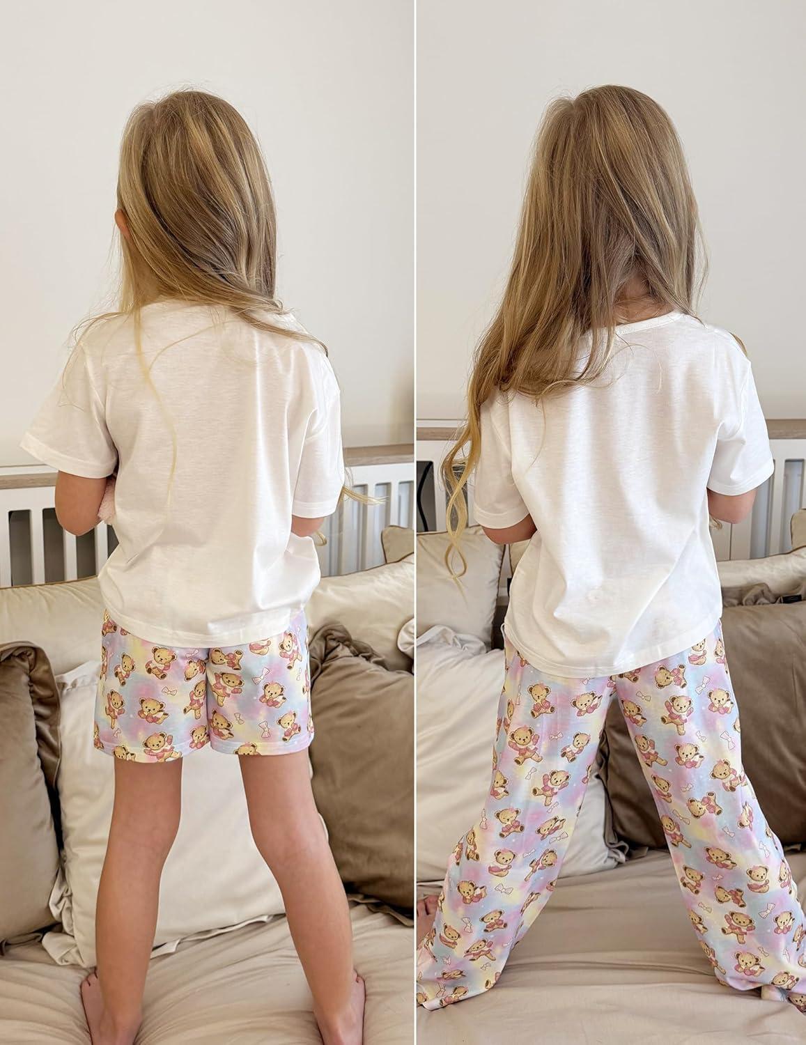 imageArshiner Girls Pajama Set 3 Piece Short Sleeve Sleepwear Summer Soft Cute Pjs OutfitsRainbow Teddy