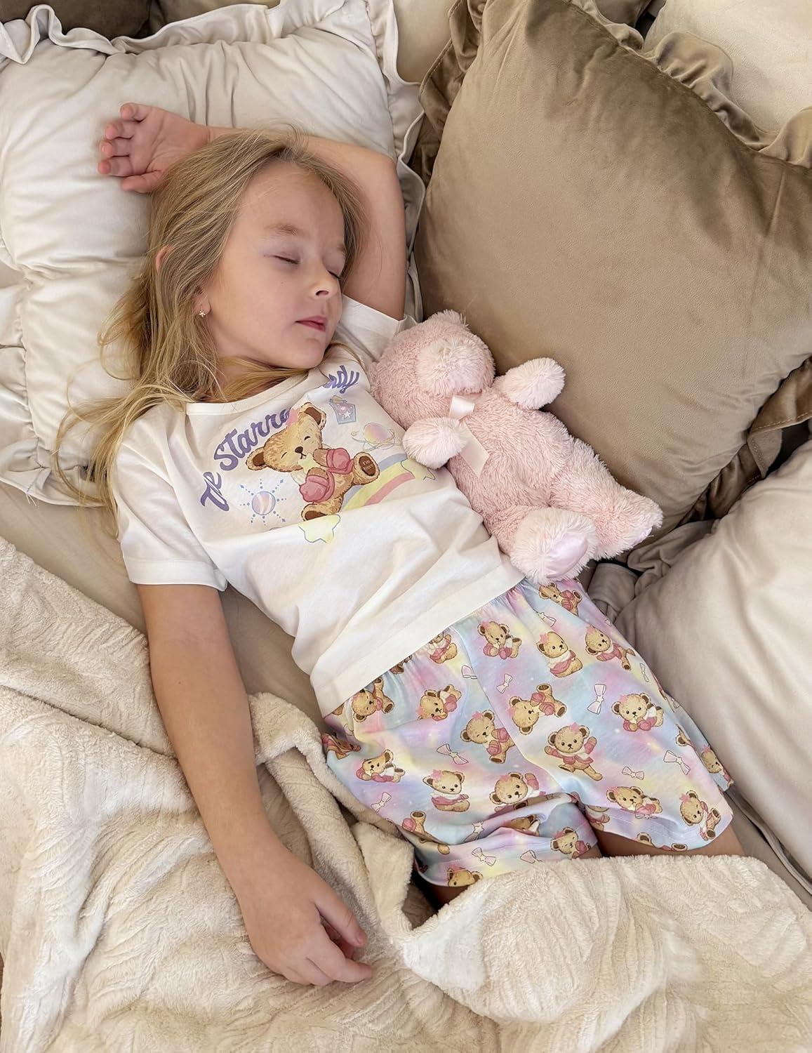 imageArshiner Girls Pajama Set 3 Piece Short Sleeve Sleepwear Summer Soft Cute Pjs OutfitsRainbow Teddy