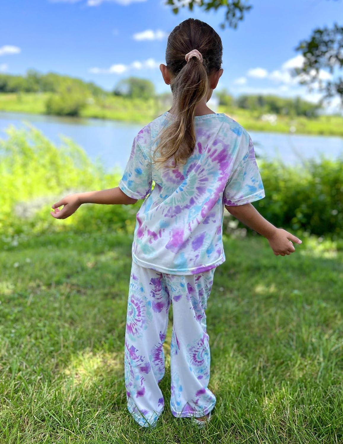 imageArshiner Girls Pajama Set 3 Piece Short Sleeve Sleepwear Summer Soft Cute Pjs OutfitsTie Dye Swirl