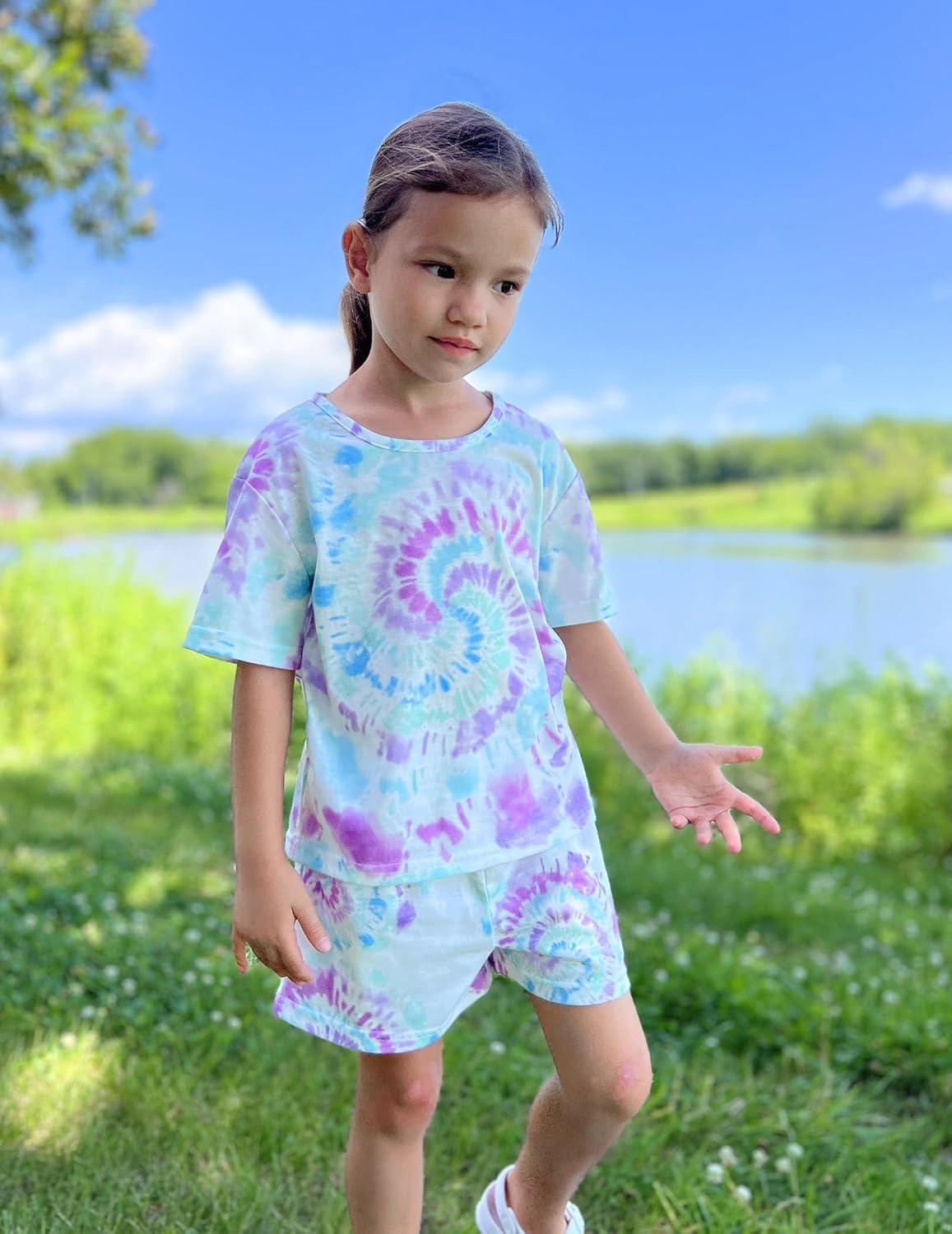 imageArshiner Girls Pajama Set 3 Piece Short Sleeve Sleepwear Summer Soft Cute Pjs OutfitsTie Dye Swirl
