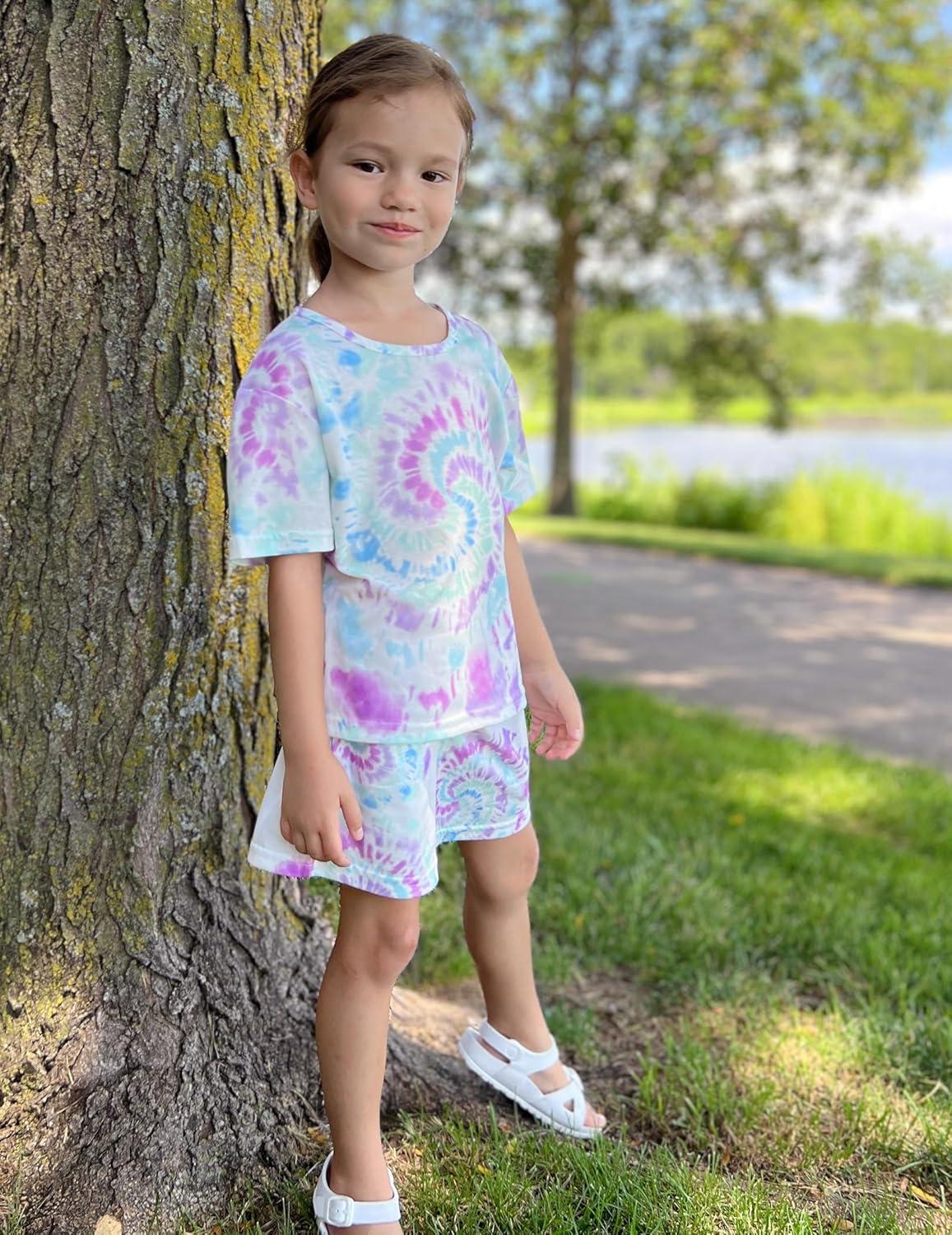 imageArshiner Girls Pajama Set 3 Piece Short Sleeve Sleepwear Summer Soft Cute Pjs OutfitsTie Dye Swirl
