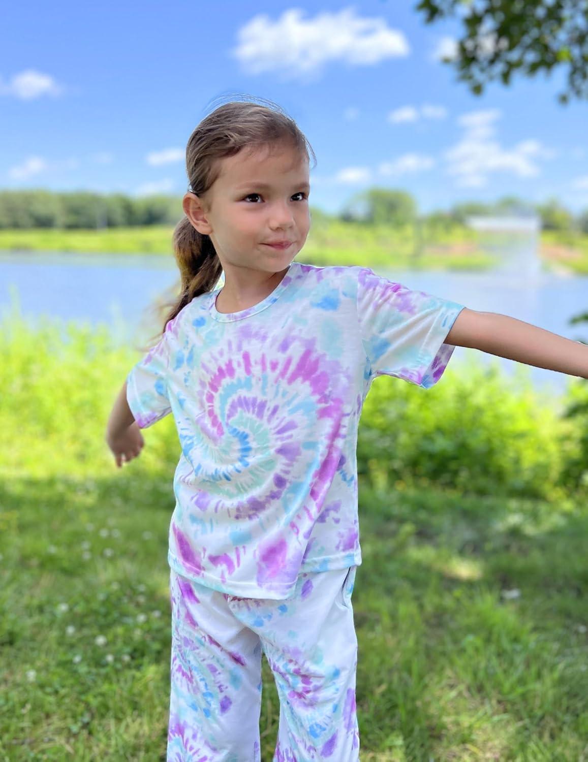 imageArshiner Girls Pajama Set 3 Piece Short Sleeve Sleepwear Summer Soft Cute Pjs OutfitsTie Dye Swirl