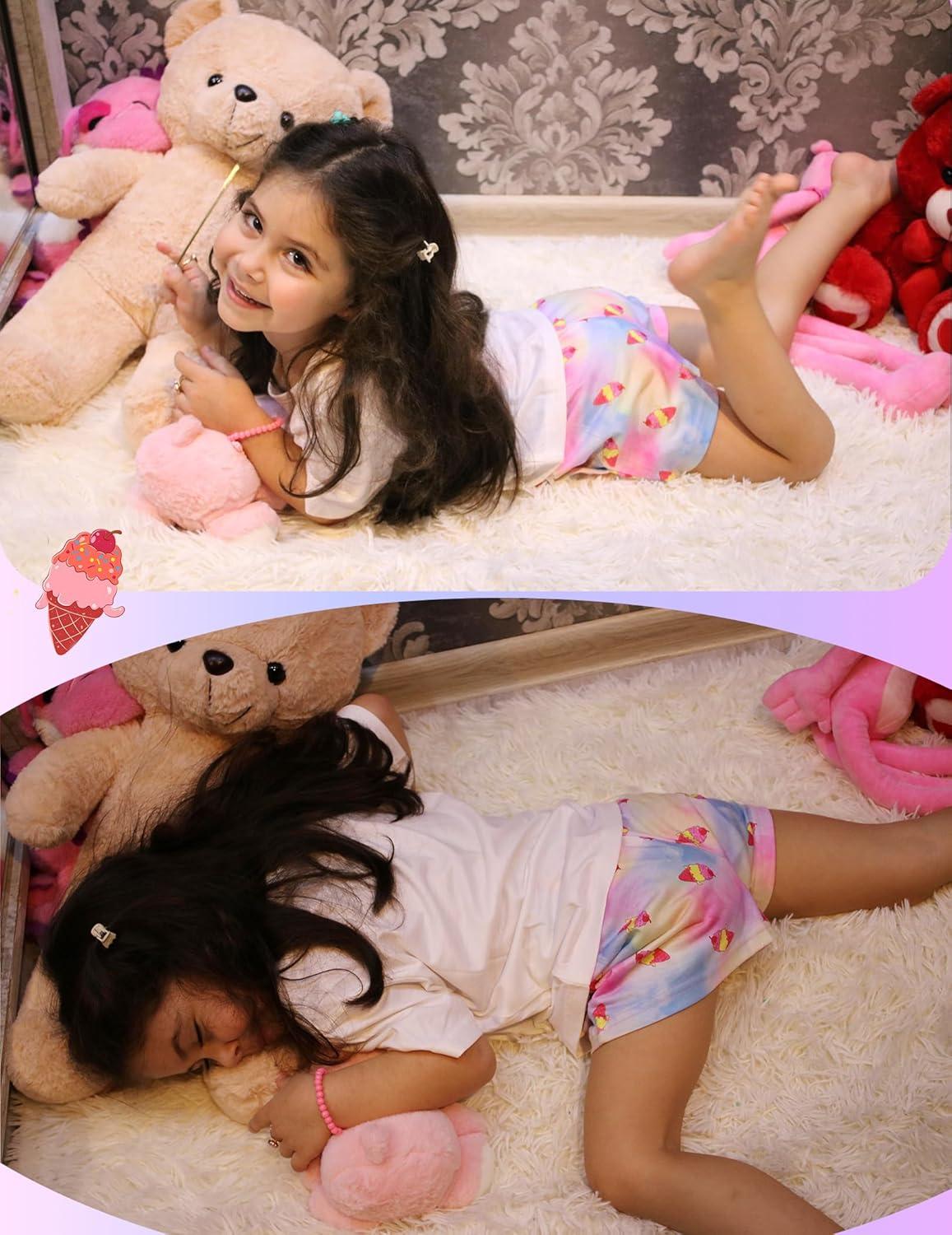imageArshiner Girls Pajama Set 3 Piece Short Sleeve Sleepwear Summer Soft Cute Pjs OutfitsTiedye Ice Cream