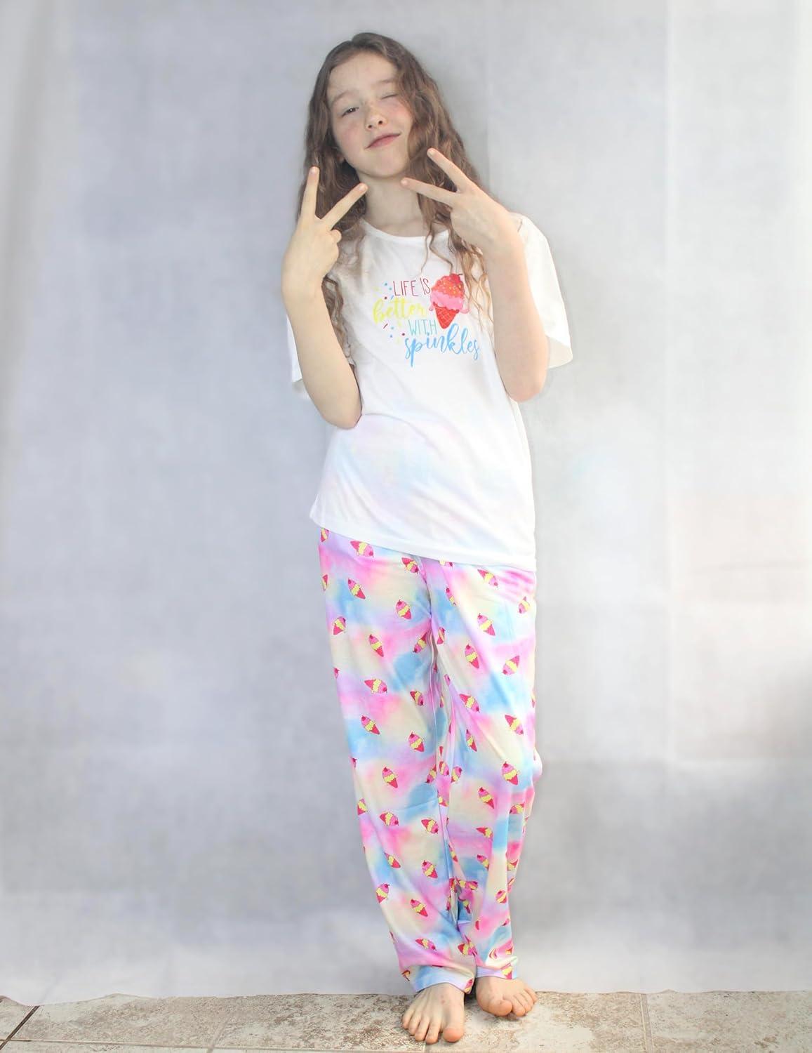 imageArshiner Girls Pajama Set 3 Piece Short Sleeve Sleepwear Summer Soft Cute Pjs OutfitsTiedye Ice Cream