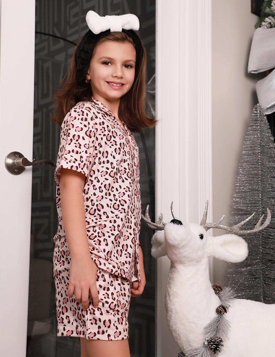 imageArshiner Girls Pajamas Sets Short Sleeve Kids Pjs Button Down Sleepwear for 413YBeige Leopard