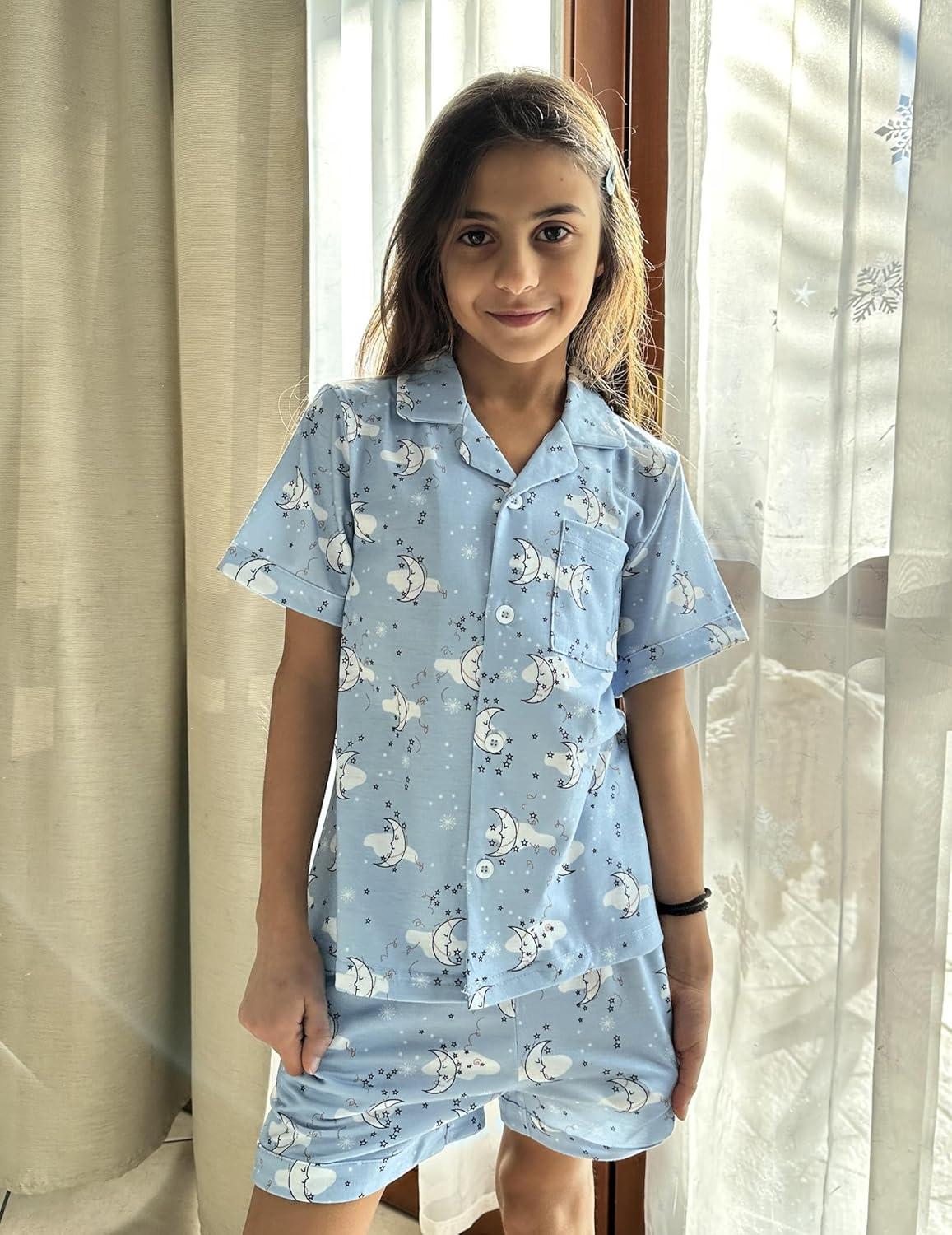 imageArshiner Girls Pajamas Sets Short Sleeve Kids Pjs Button Down Sleepwear for 413YBlue Moon