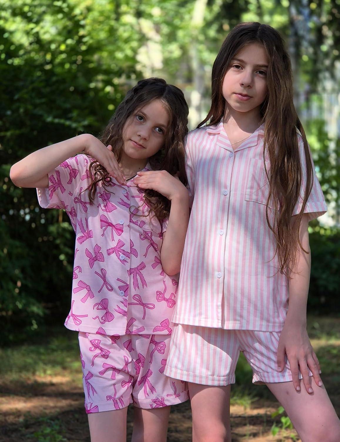 imageArshiner Girls Pajamas Sets Short Sleeve Kids Pjs Button Down Sleepwear for 413YPink Bow