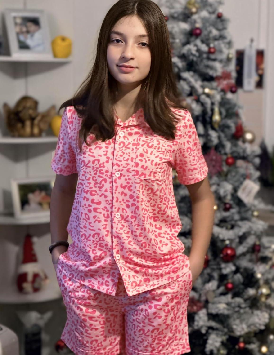 imageArshiner Girls Pajamas Sets Short Sleeve Kids Pjs Button Down Sleepwear for 413YPink Leopard