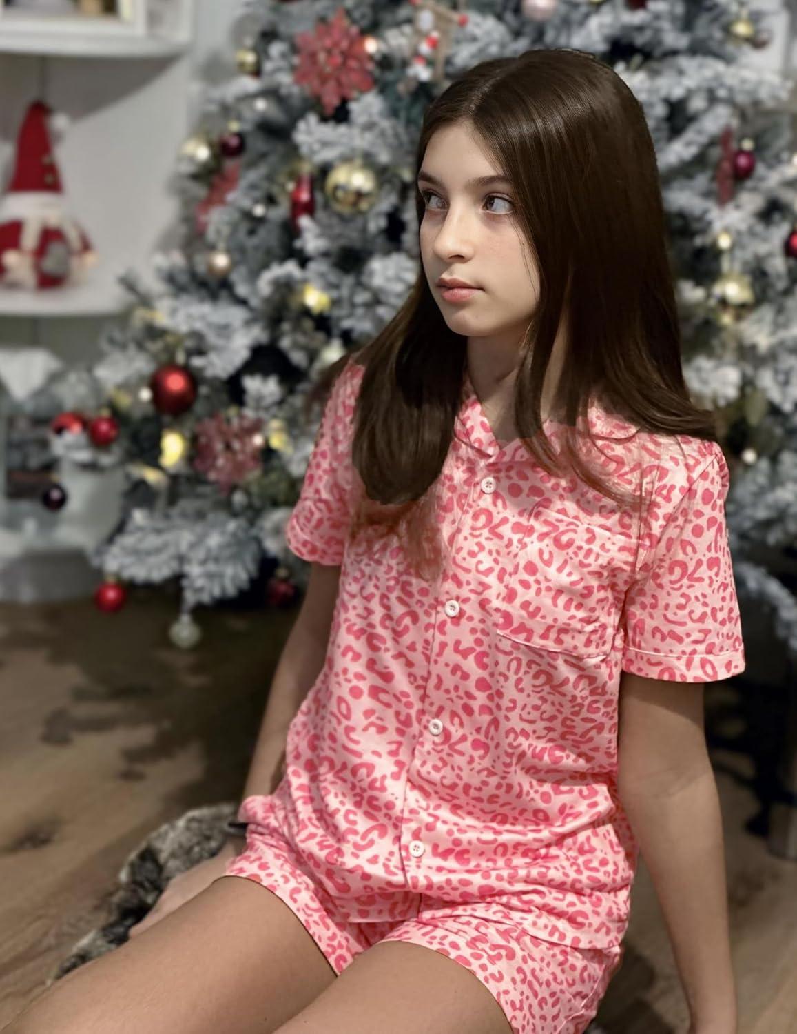 imageArshiner Girls Pajamas Sets Short Sleeve Kids Pjs Button Down Sleepwear for 413YPink Leopard