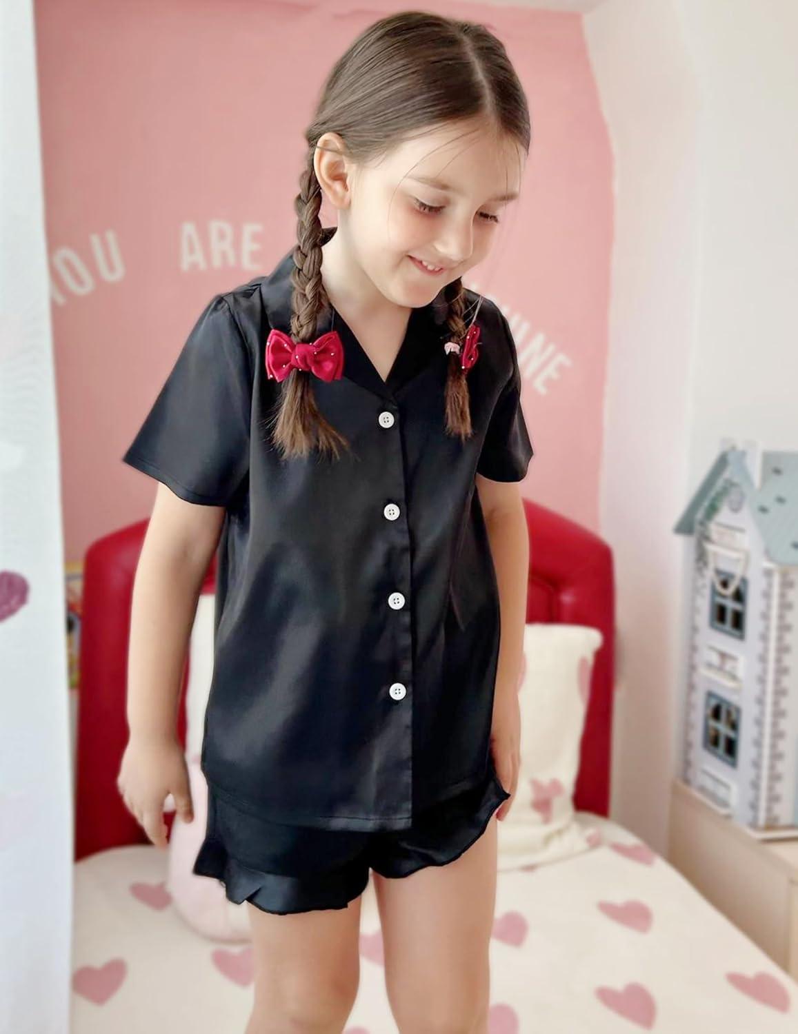 imageArshiner Girls Pajamas Silk Satin Pajama Set 2 Piece Button Down Pjs Ruffle SleepwearBlack