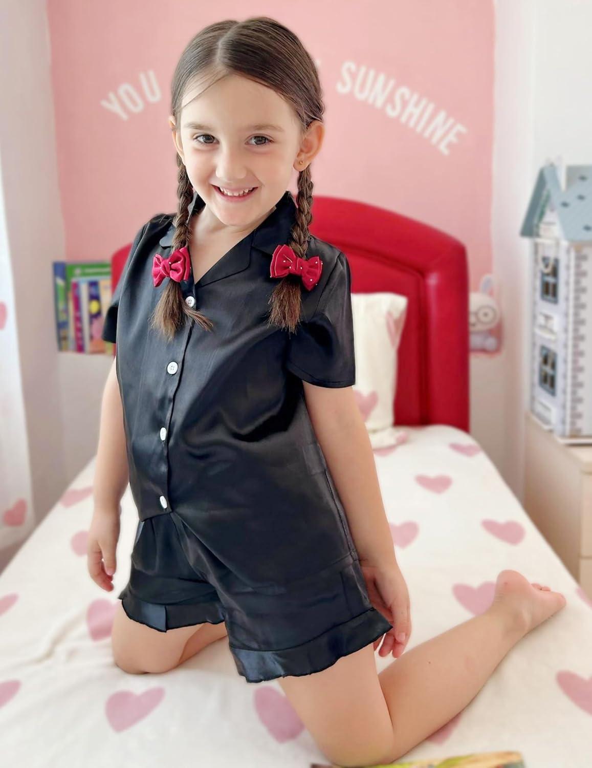 imageArshiner Girls Pajamas Silk Satin Pajama Set 2 Piece Button Down Pjs Ruffle SleepwearBlack