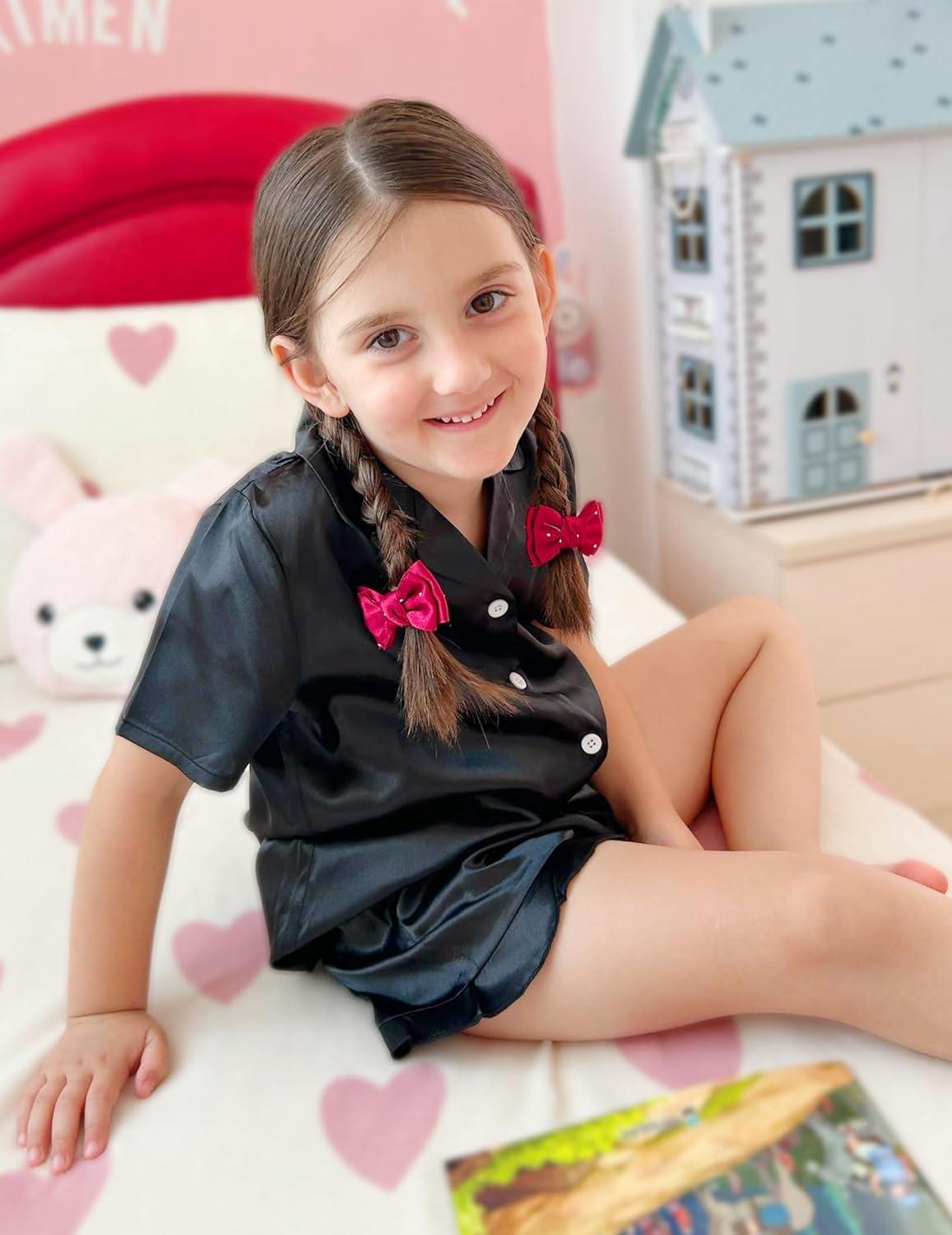 imageArshiner Girls Pajamas Silk Satin Pajama Set 2 Piece Button Down Pjs Ruffle SleepwearBlack