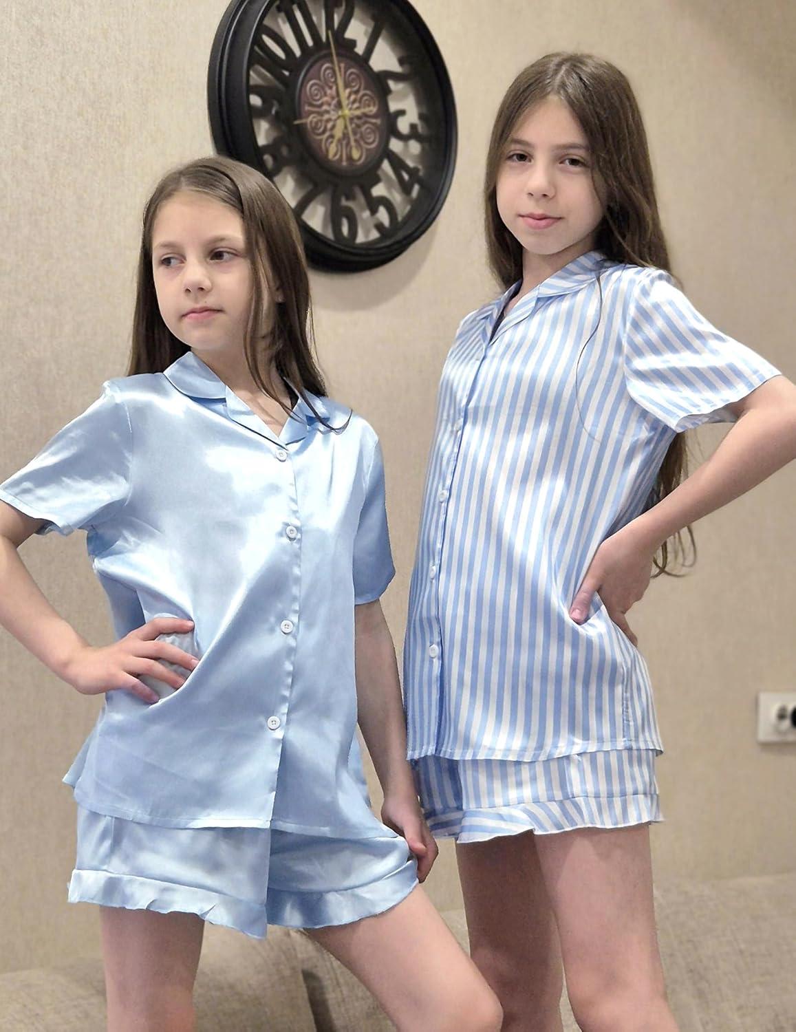 imageArshiner Girls Pajamas Silk Satin Pajama Set 2 Piece Button Down Pjs Ruffle SleepwearBlue Stripes
