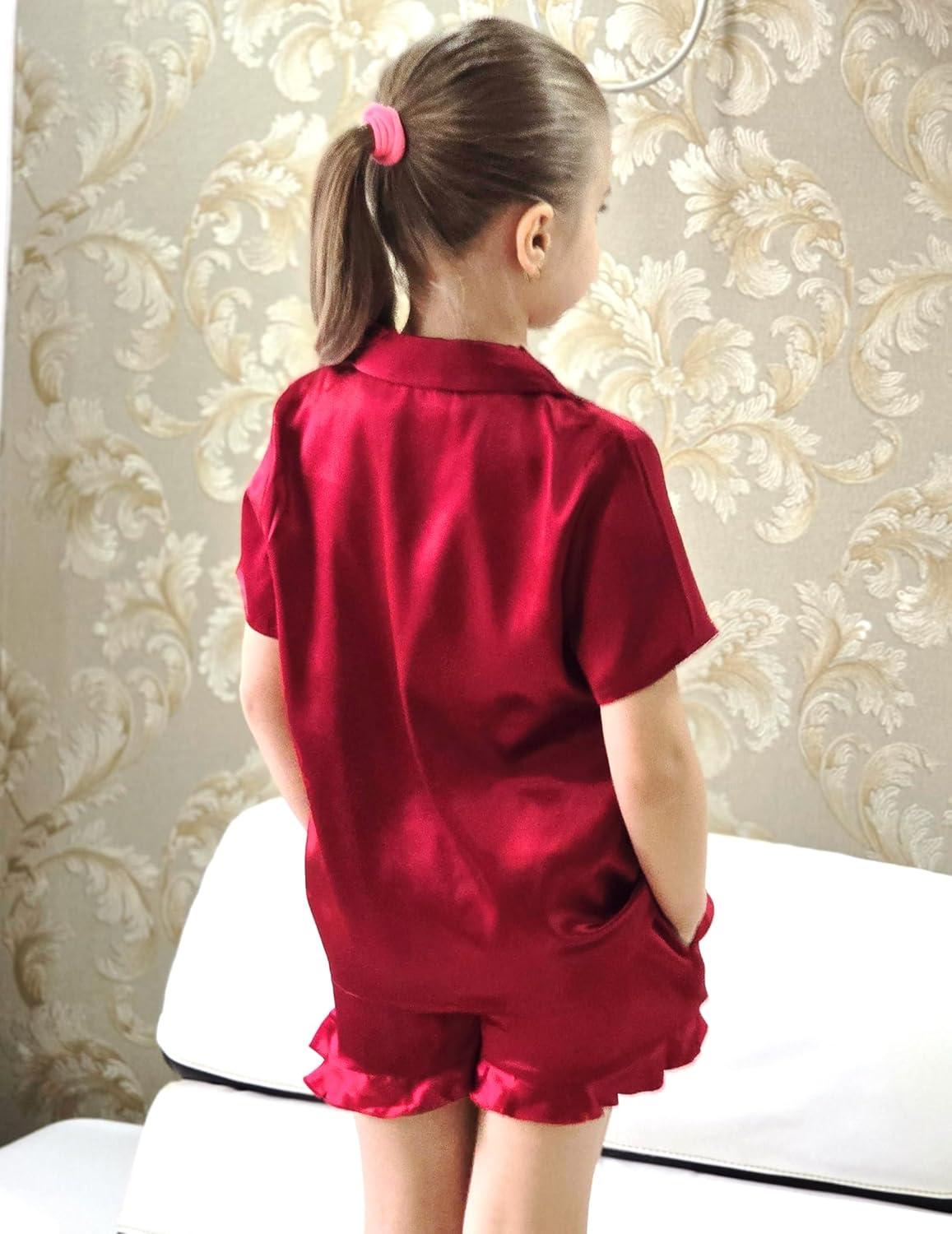 imageArshiner Girls Pajamas Silk Satin Pajama Set 2 Piece Button Down Pjs Ruffle SleepwearDeep Red