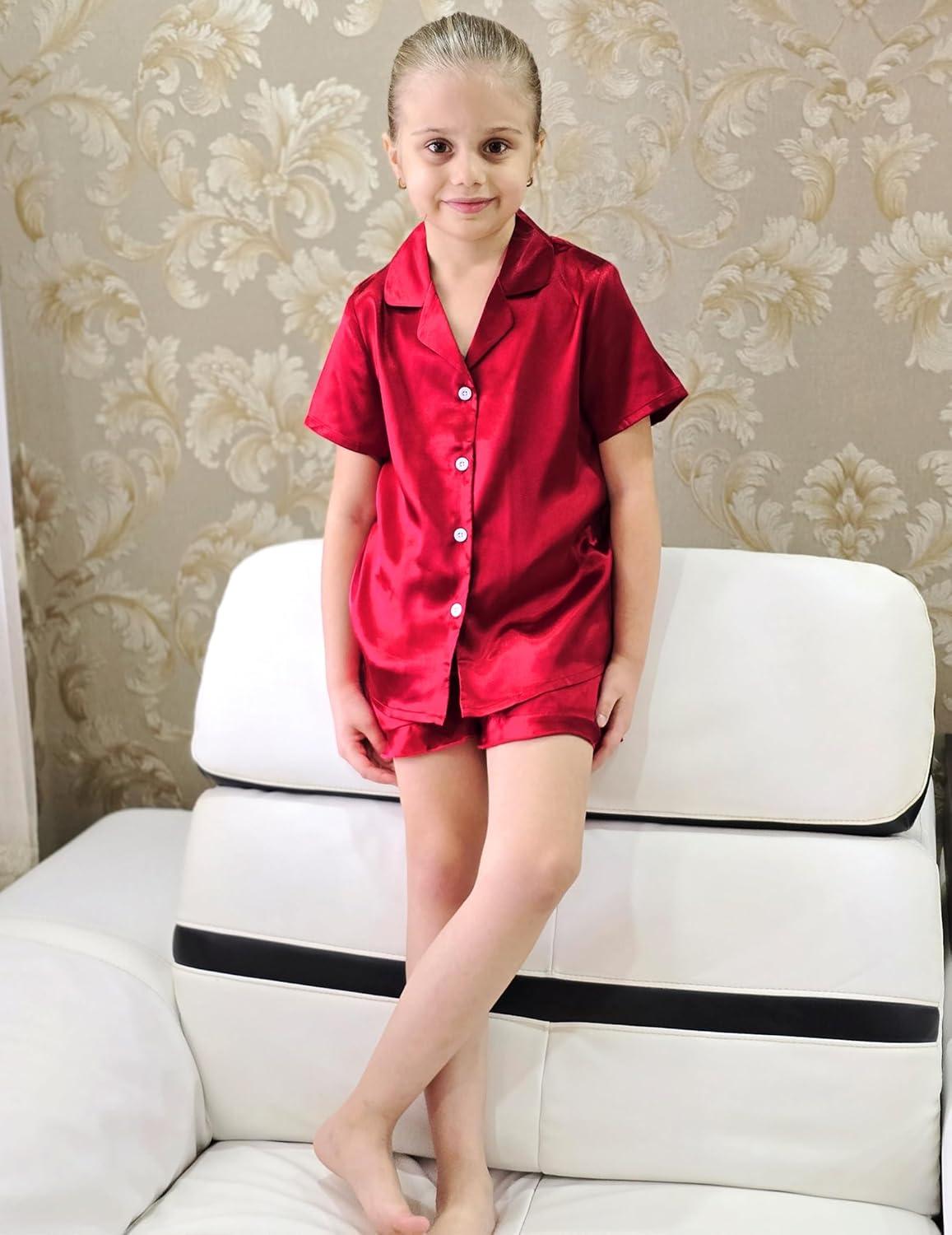 imageArshiner Girls Pajamas Silk Satin Pajama Set 2 Piece Button Down Pjs Ruffle SleepwearDeep Red