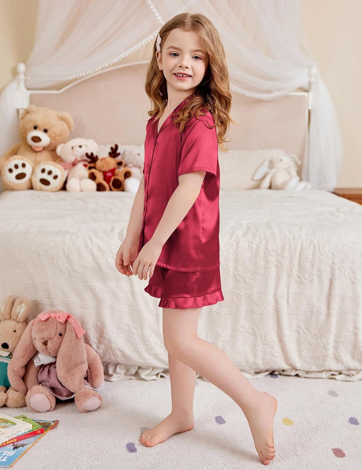 imageArshiner Girls Pajamas Silk Satin Pajama Set 2 Piece Button Down Pjs Ruffle SleepwearDeep Red