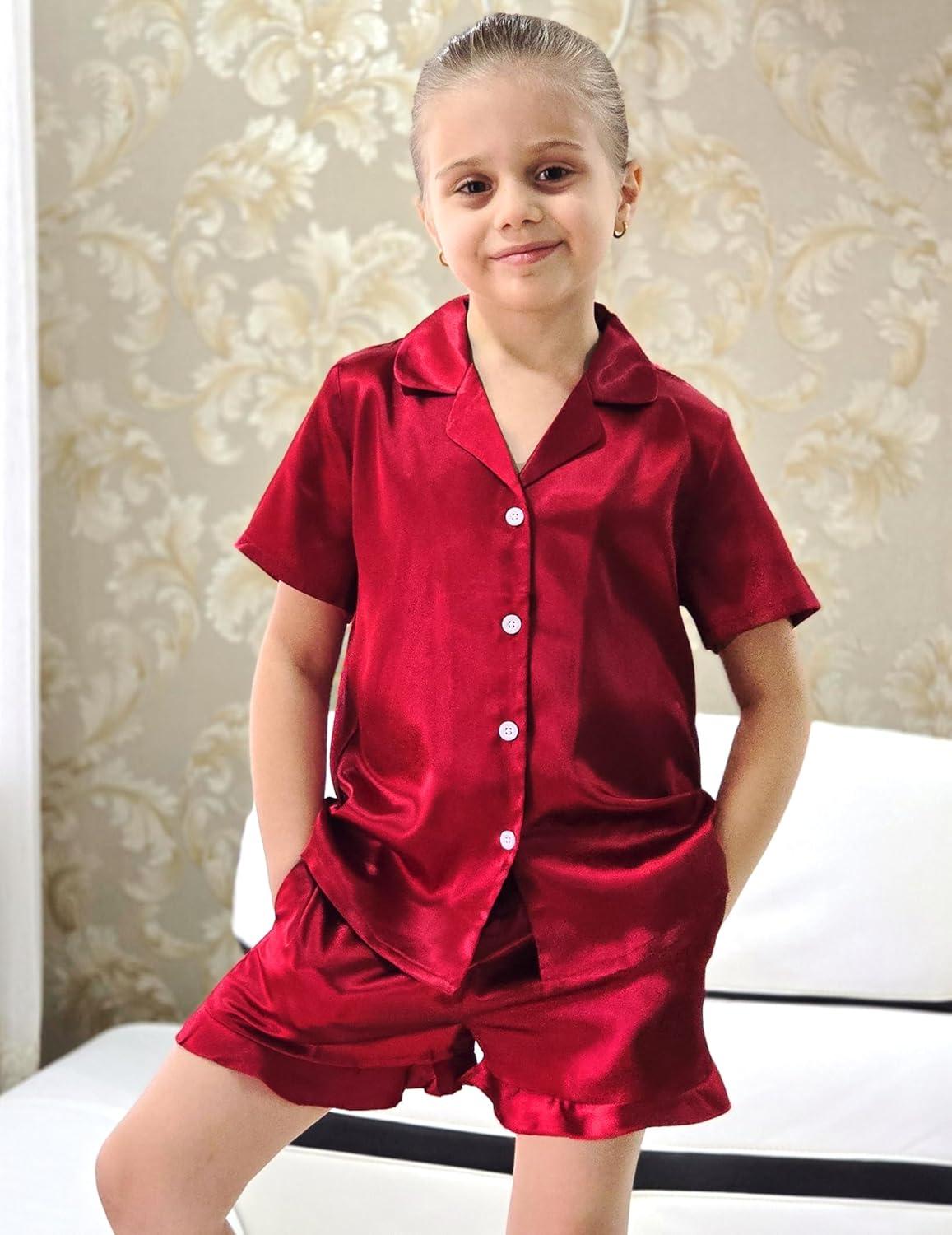 imageArshiner Girls Pajamas Silk Satin Pajama Set 2 Piece Button Down Pjs Ruffle SleepwearDeep Red