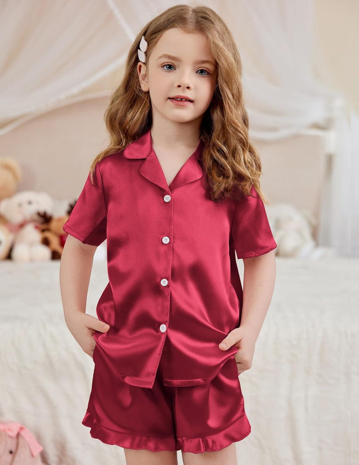 imageArshiner Girls Pajamas Silk Satin Pajama Set 2 Piece Button Down Pjs Ruffle SleepwearDeep Red