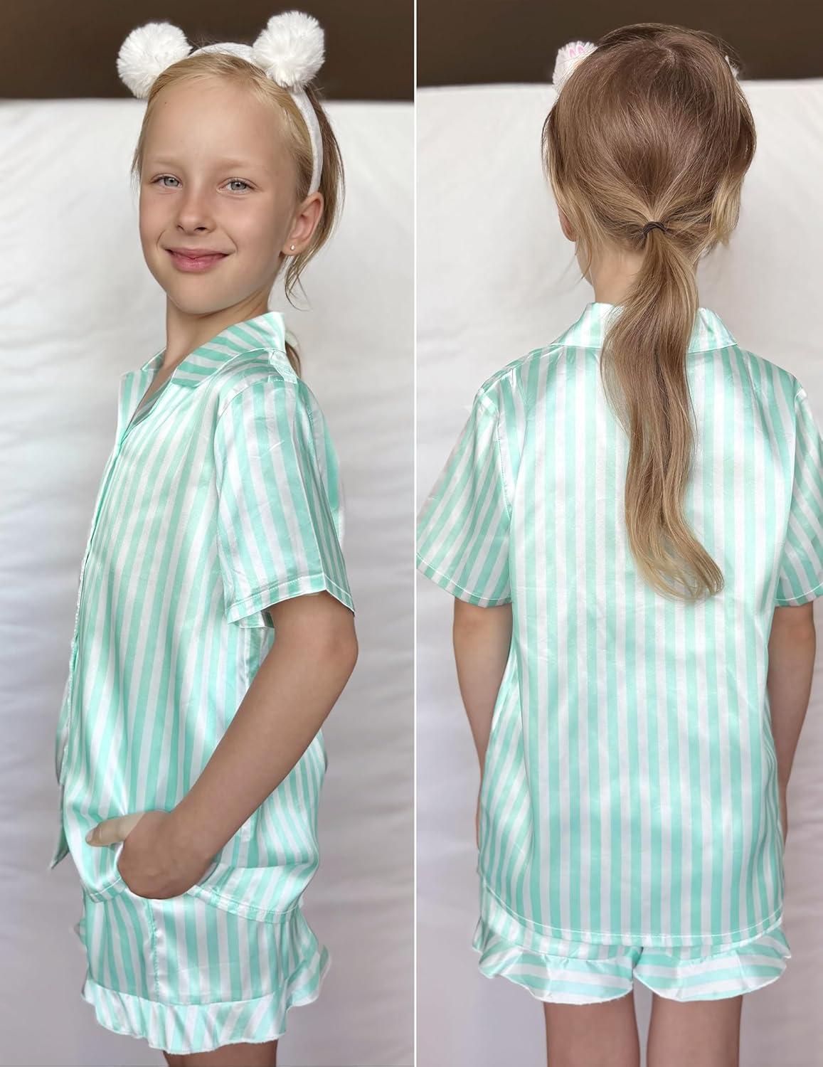 imageArshiner Girls Pajamas Silk Satin Pajama Set 2 Piece Button Down Pjs Ruffle SleepwearGreen Stripes