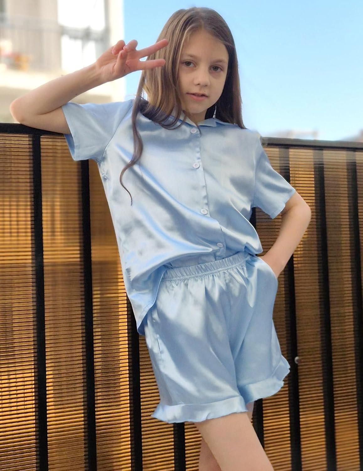 imageArshiner Girls Pajamas Silk Satin Pajama Set 2 Piece Button Down Pjs Ruffle SleepwearLight Blue
