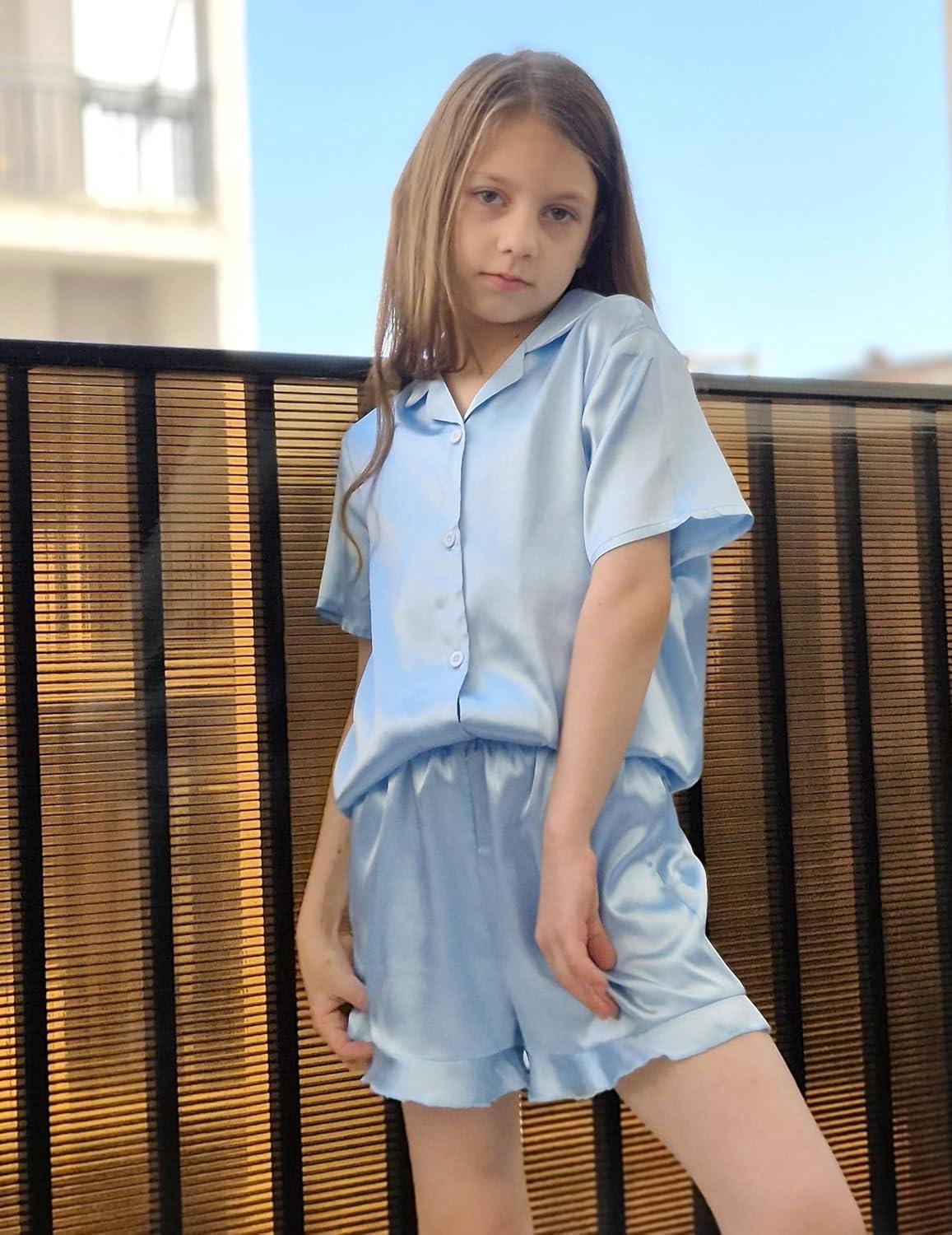 imageArshiner Girls Pajamas Silk Satin Pajama Set 2 Piece Button Down Pjs Ruffle SleepwearLight Blue