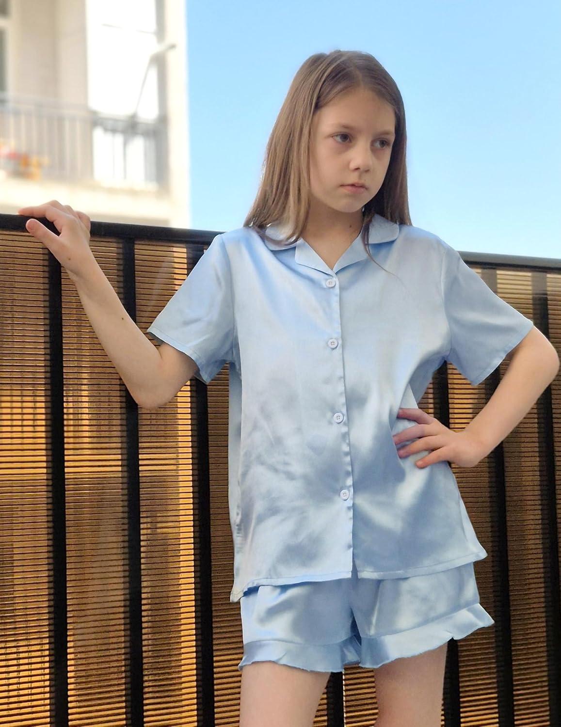 imageArshiner Girls Pajamas Silk Satin Pajama Set 2 Piece Button Down Pjs Ruffle SleepwearLight Blue