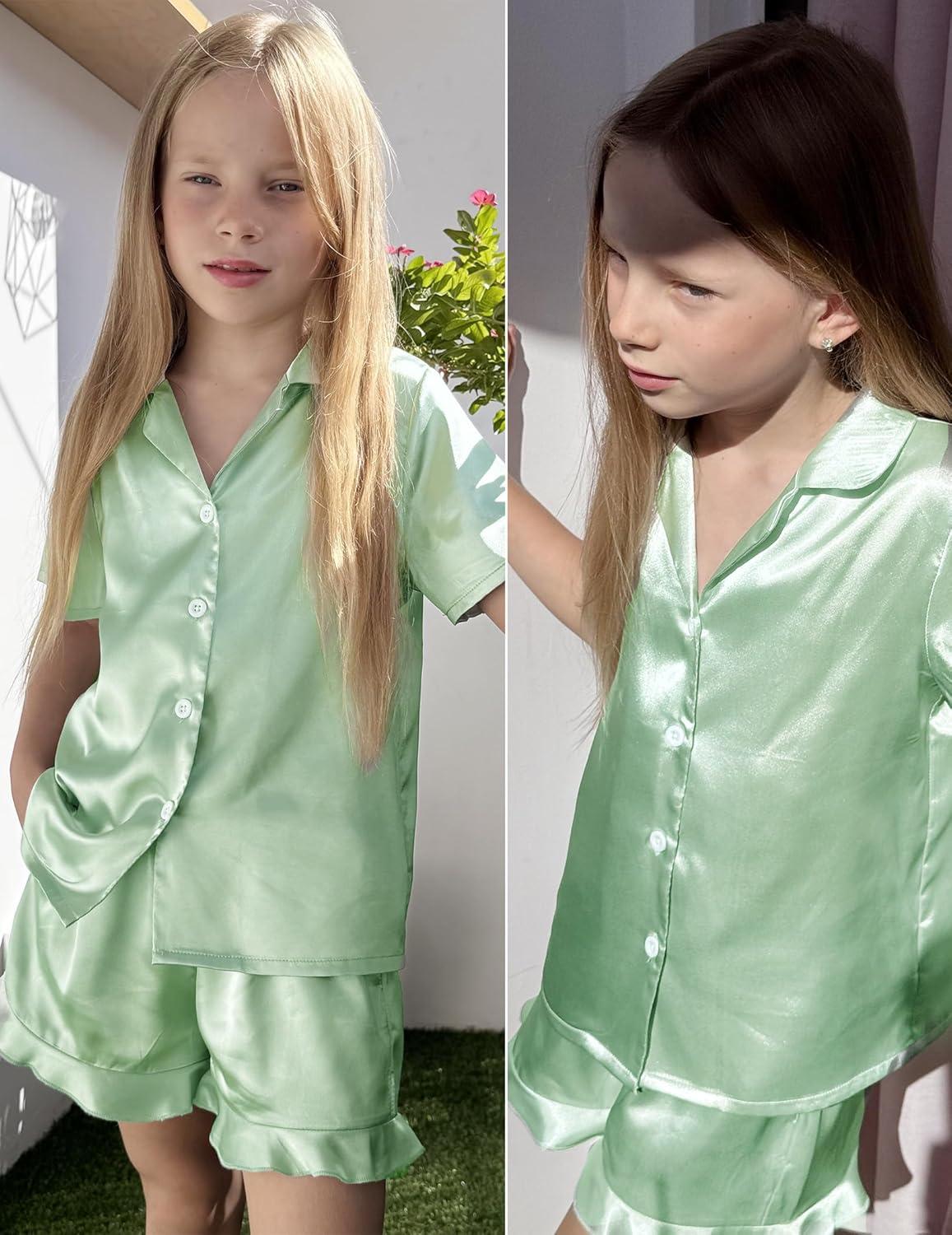 imageArshiner Girls Pajamas Silk Satin Pajama Set 2 Piece Button Down Pjs Ruffle SleepwearLight Green