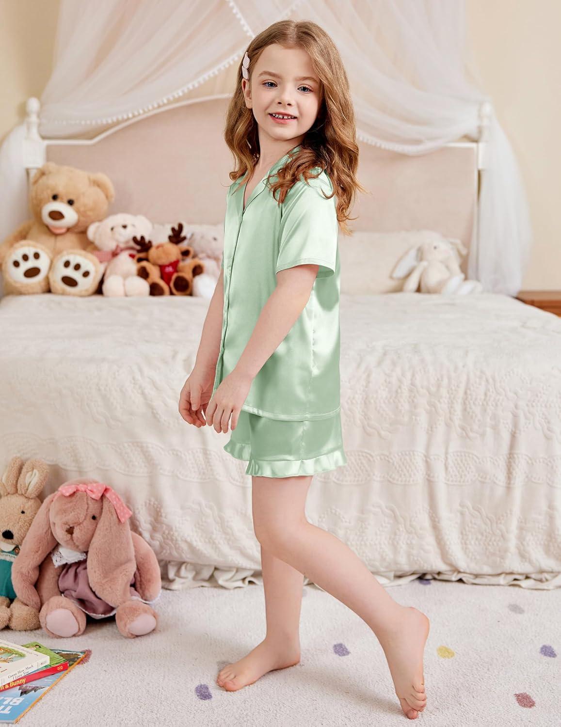 imageArshiner Girls Pajamas Silk Satin Pajama Set 2 Piece Button Down Pjs Ruffle SleepwearLight Green