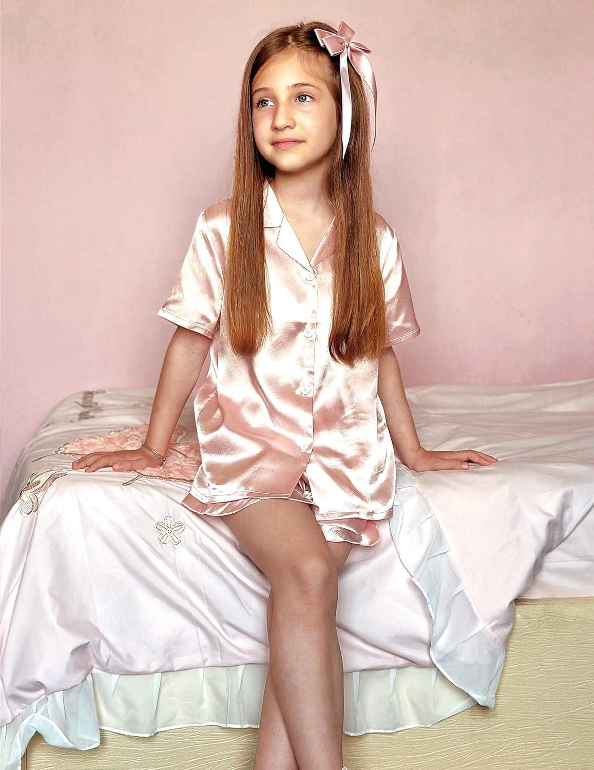 imageArshiner Girls Pajamas Silk Satin Pajama Set 2 Piece Button Down Pjs Ruffle SleepwearLight Pink