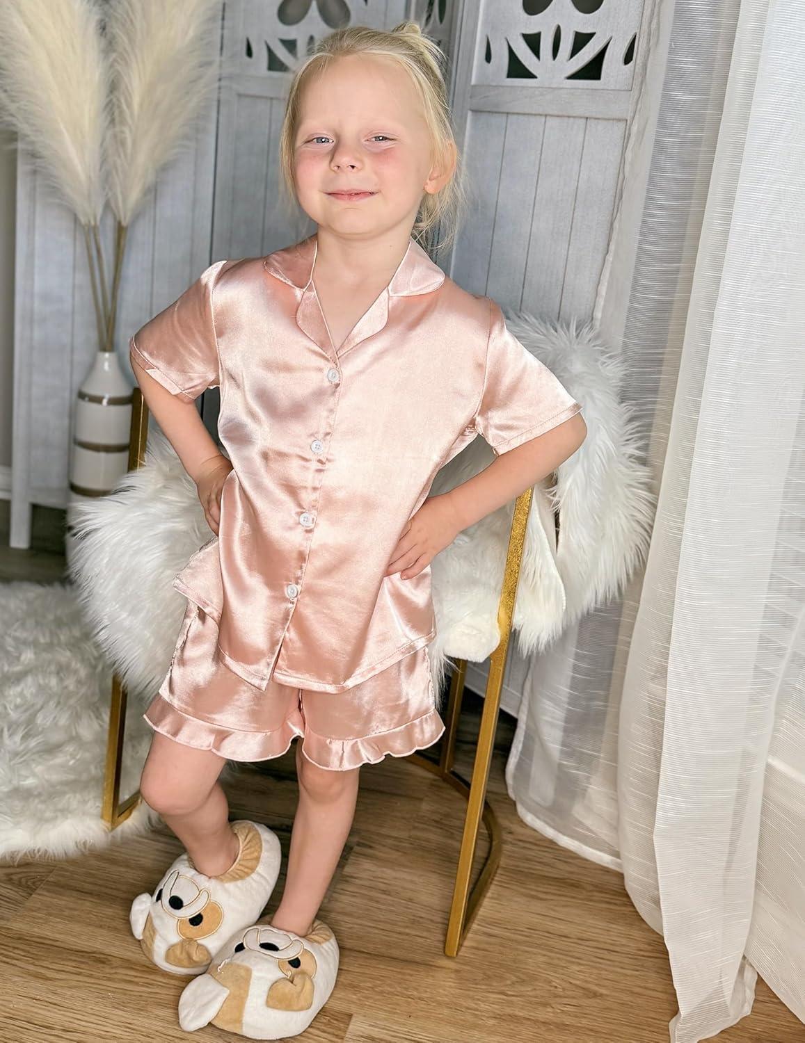 imageArshiner Girls Pajamas Silk Satin Pajama Set 2 Piece Button Down Pjs Ruffle SleepwearLight Pink