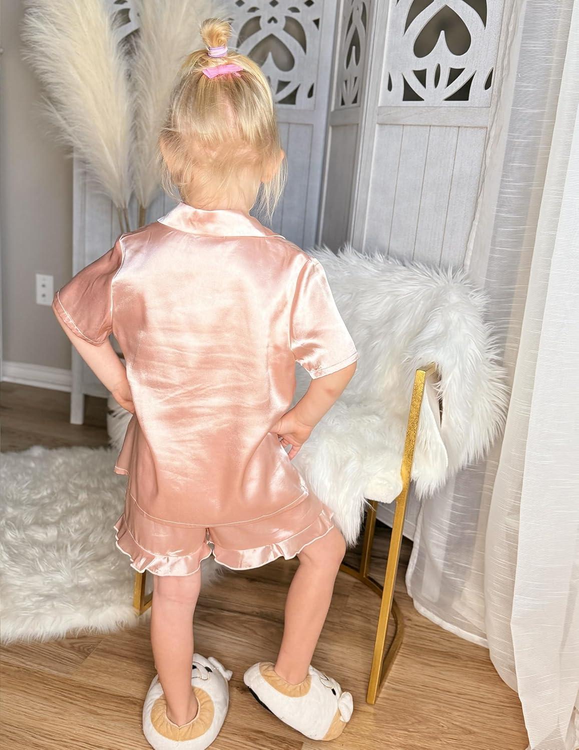 imageArshiner Girls Pajamas Silk Satin Pajama Set 2 Piece Button Down Pjs Ruffle SleepwearLight Pink