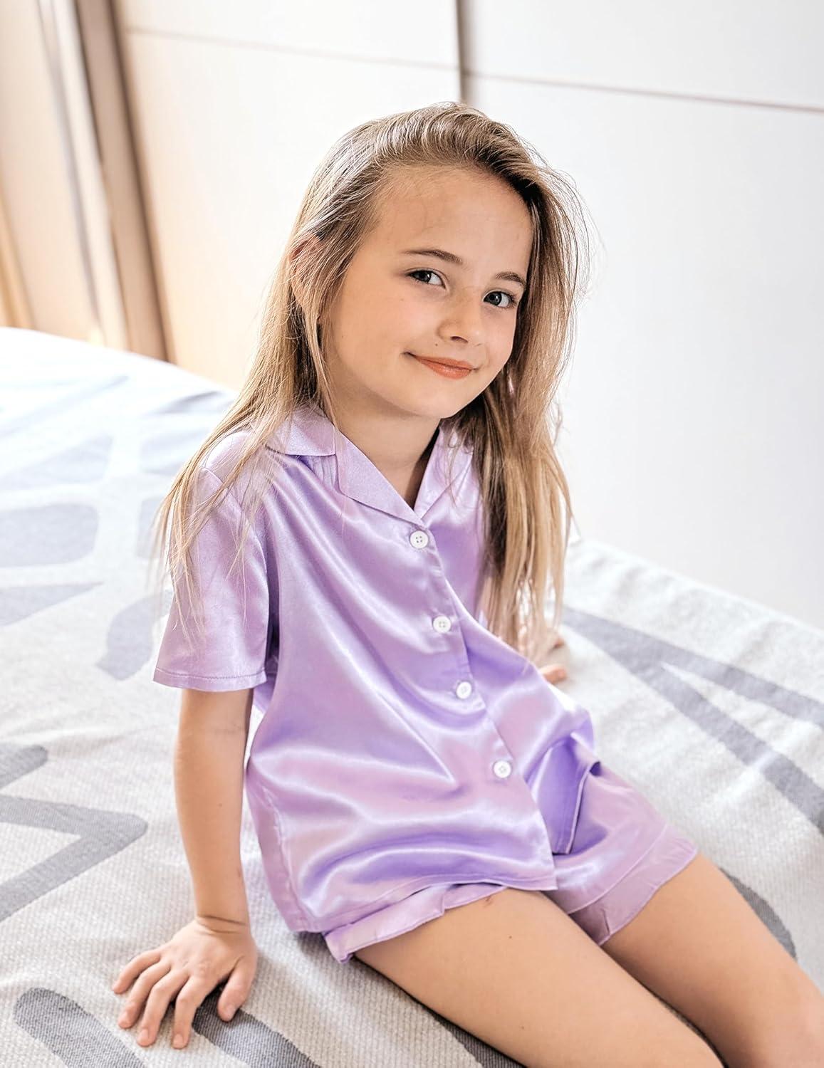 imageArshiner Girls Pajamas Silk Satin Pajama Set 2 Piece Button Down Pjs Ruffle SleepwearLight Purple