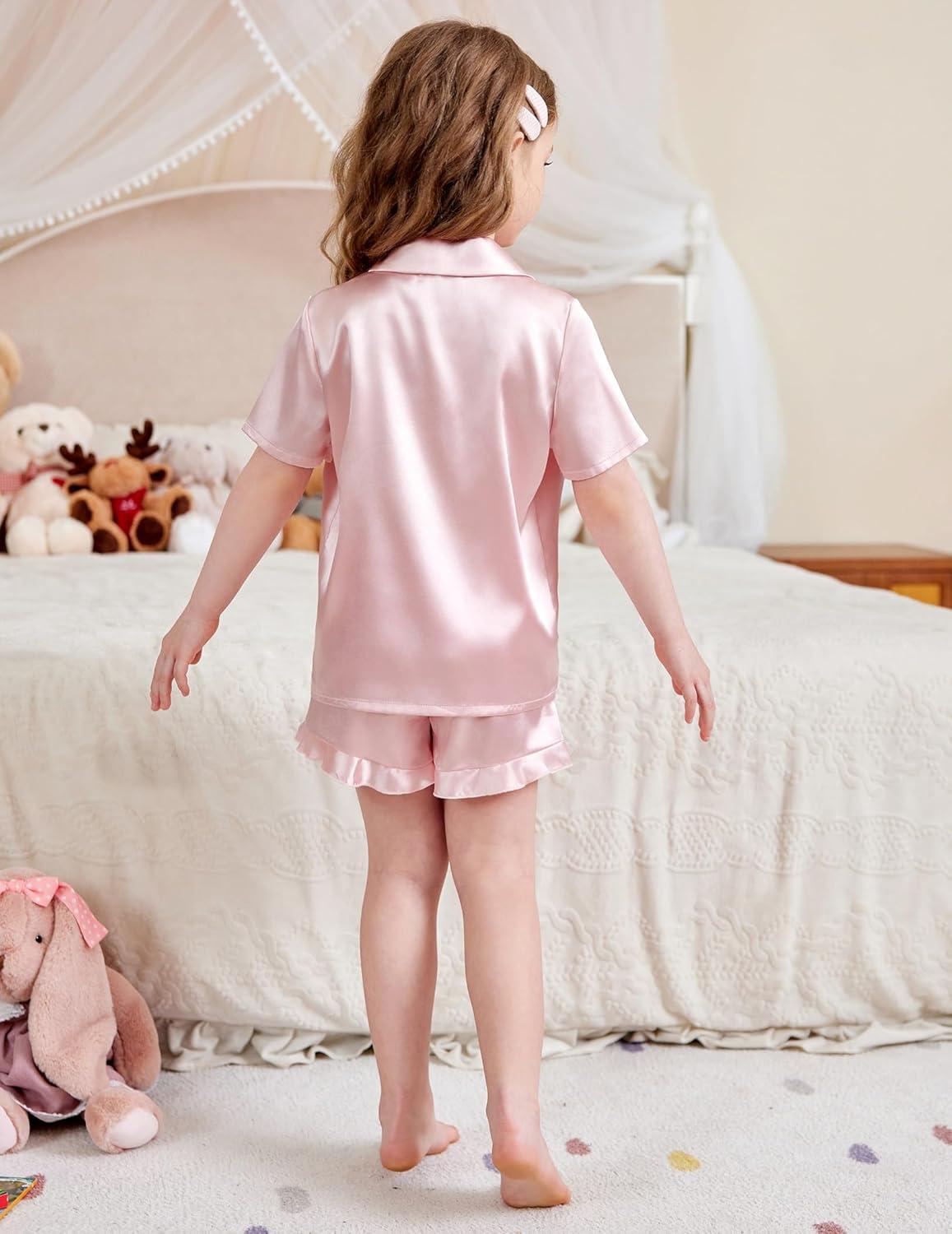 imageArshiner Girls Pajamas Silk Satin Pajama Set 2 Piece Button Down Pjs Ruffle SleepwearLotus Root Pink