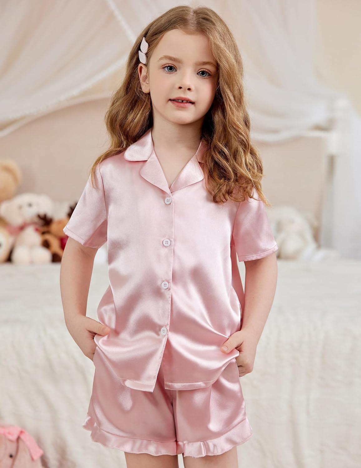 imageArshiner Girls Pajamas Silk Satin Pajama Set 2 Piece Button Down Pjs Ruffle SleepwearLotus Root Pink