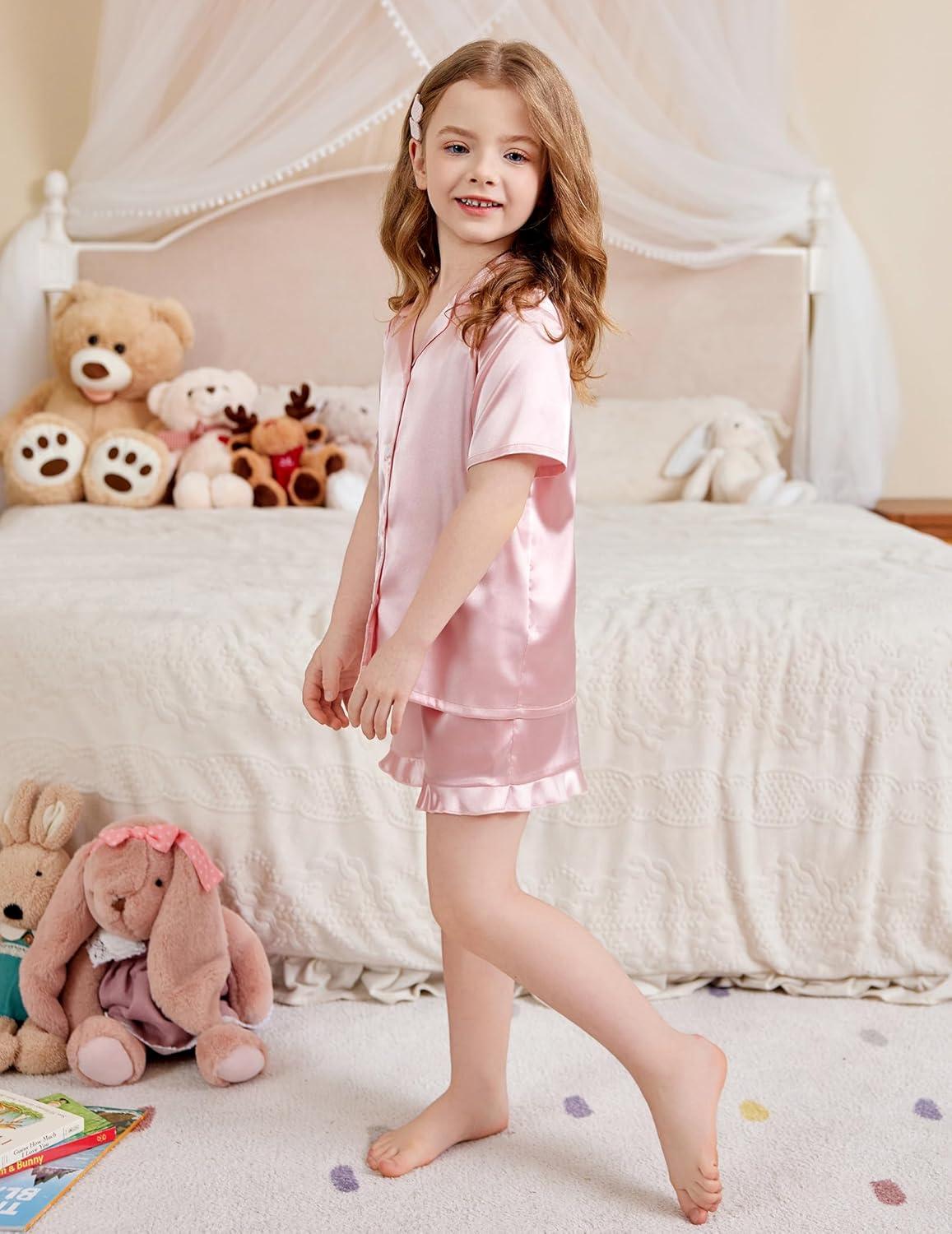 imageArshiner Girls Pajamas Silk Satin Pajama Set 2 Piece Button Down Pjs Ruffle SleepwearLotus Root Pink