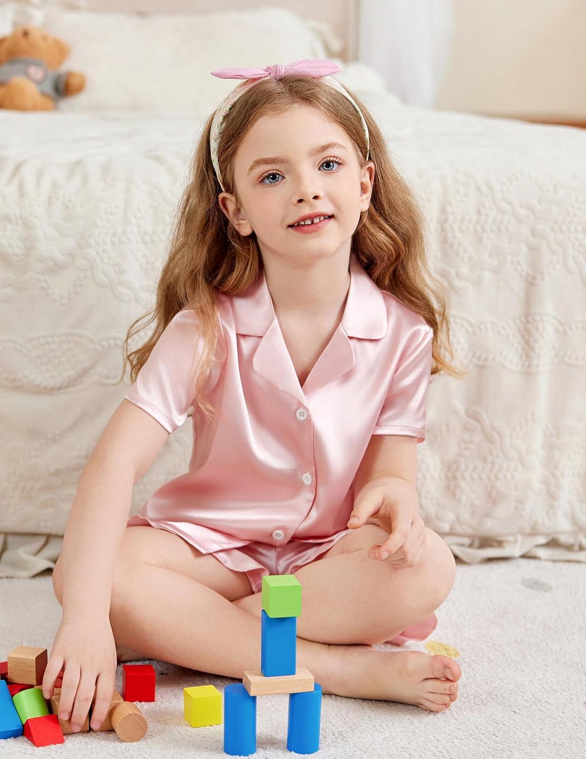 imageArshiner Girls Pajamas Silk Satin Pajama Set 2 Piece Button Down Pjs Ruffle SleepwearLotus Root Pink