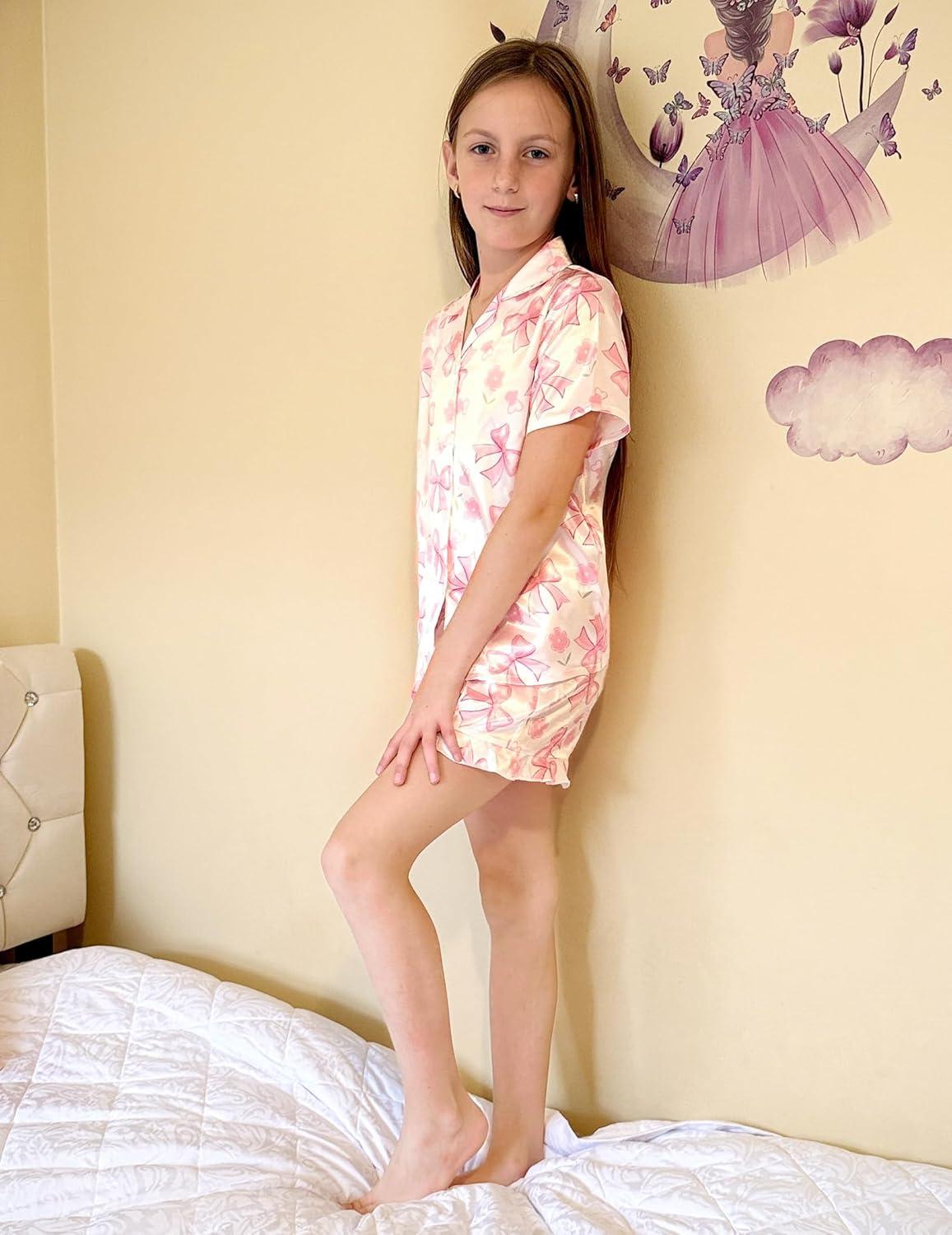 imageArshiner Girls Pajamas Silk Satin Pajama Set 2 Piece Button Down Pjs Ruffle SleepwearPink Bow