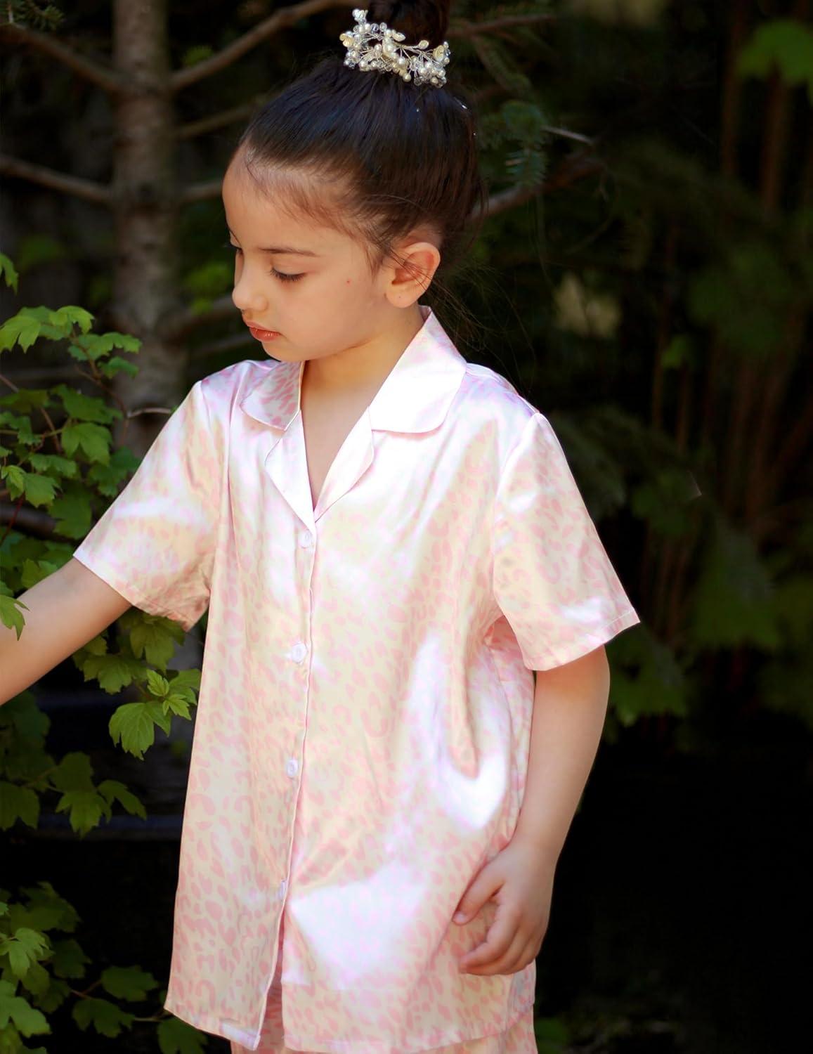 imageArshiner Girls Pajamas Silk Satin Pajama Set 2 Piece Button Down Pjs Ruffle SleepwearPink Leopard