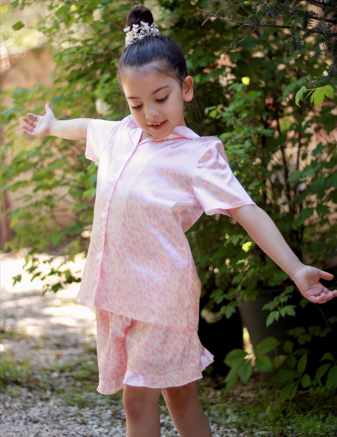 imageArshiner Girls Pajamas Silk Satin Pajama Set 2 Piece Button Down Pjs Ruffle SleepwearPink Leopard