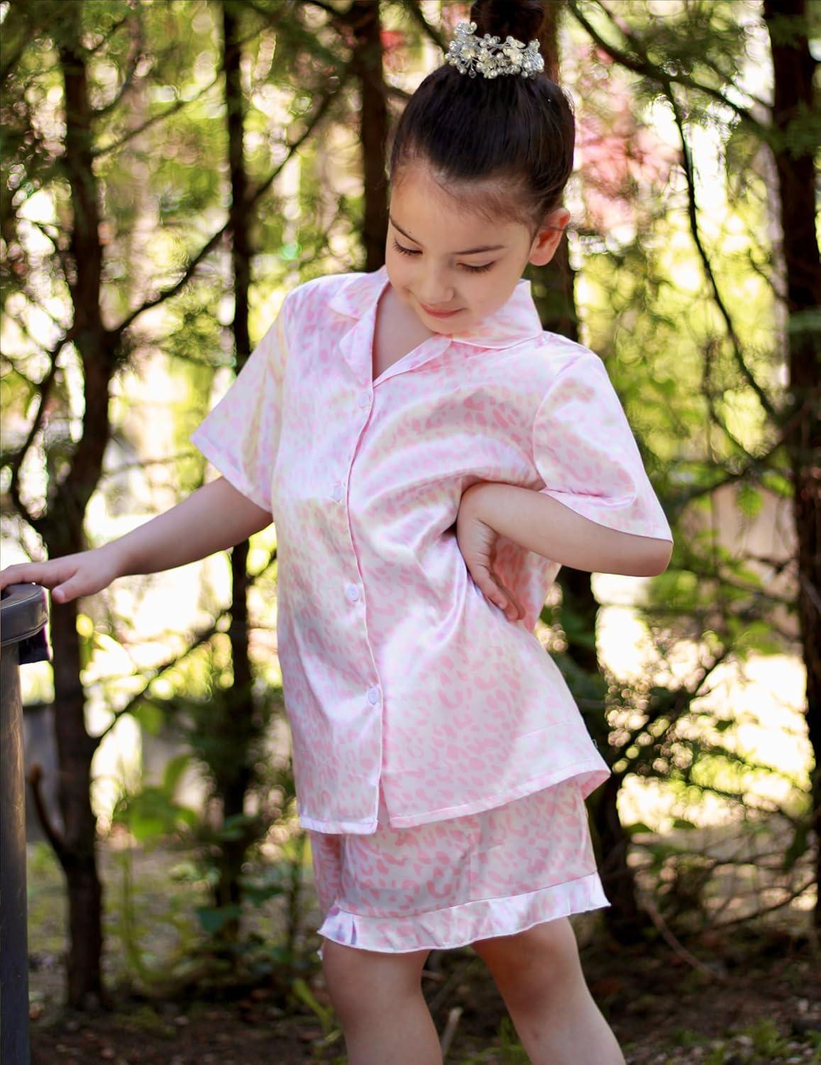 imageArshiner Girls Pajamas Silk Satin Pajama Set 2 Piece Button Down Pjs Ruffle SleepwearPink Leopard