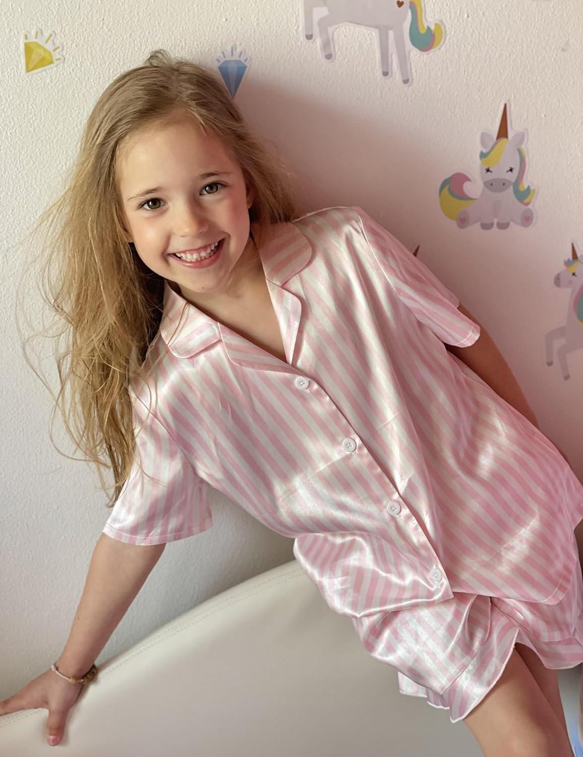 imageArshiner Girls Pajamas Silk Satin Pajama Set 2 Piece Button Down Pjs Ruffle SleepwearPink Stripes
