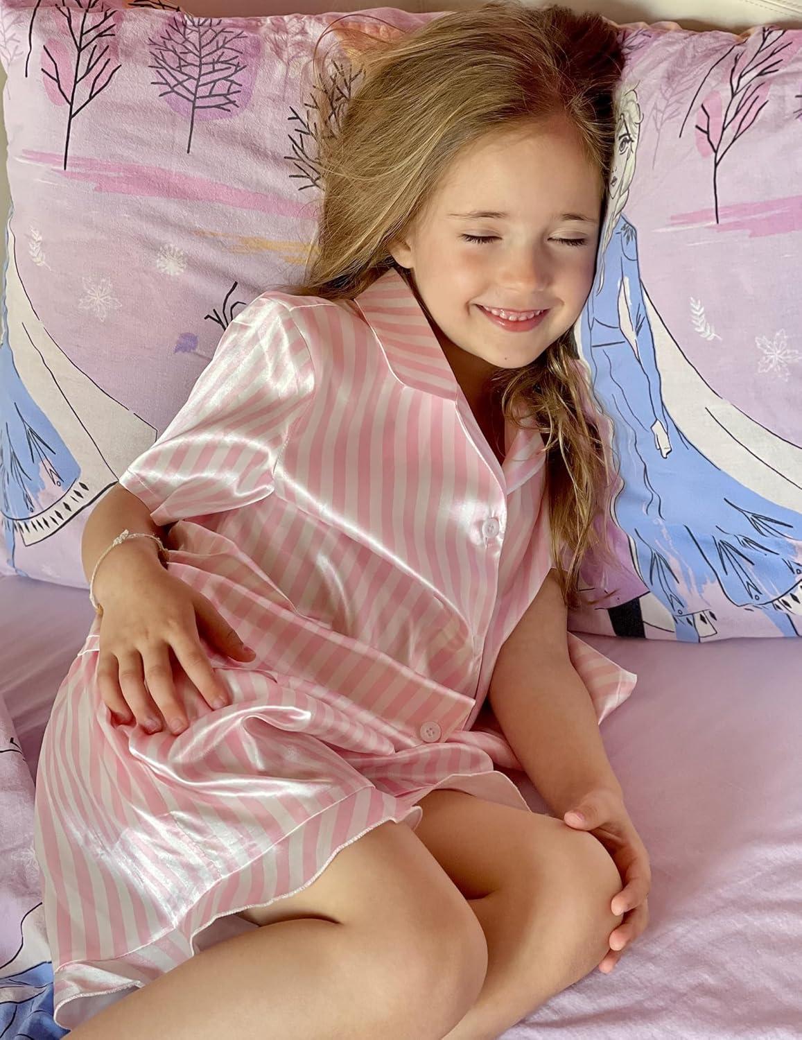 imageArshiner Girls Pajamas Silk Satin Pajama Set 2 Piece Button Down Pjs Ruffle SleepwearPink Stripes